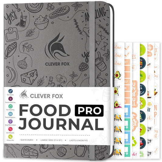 Clever Fox Food Journal Pro – Diet & Wellness Planner for Women & Men – Weight Loss Diary with Calorie Tracker – Food Log for Tracking Meals, Exercise & Weightloss - Undated, 7" x 10" Gray