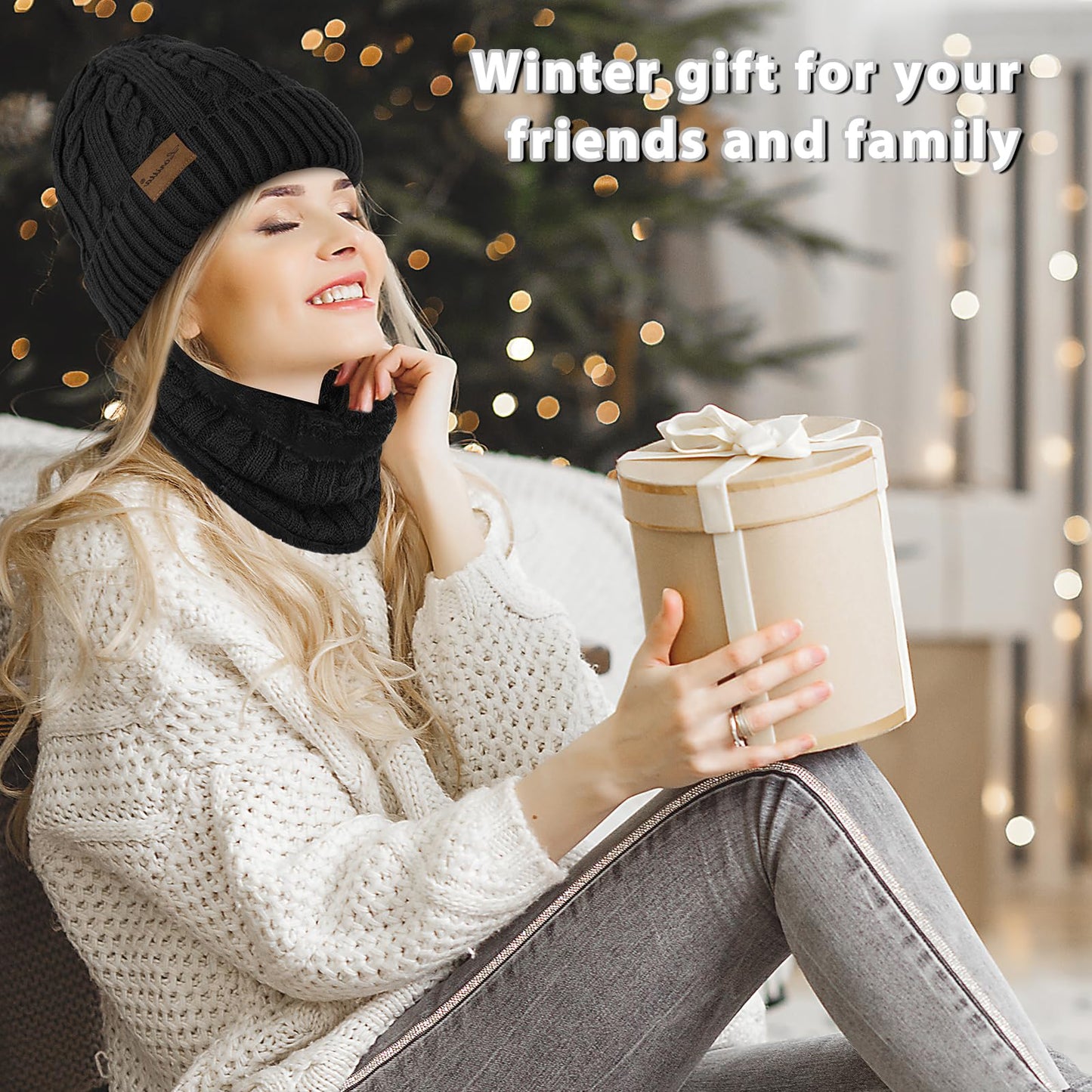 3 Pieces Womens Beanie Hat Scarf Touch Screen Gloves Set for Women Warm Knit Fleece Lined Skull Caps Neck Warmer Gifts,A-Black