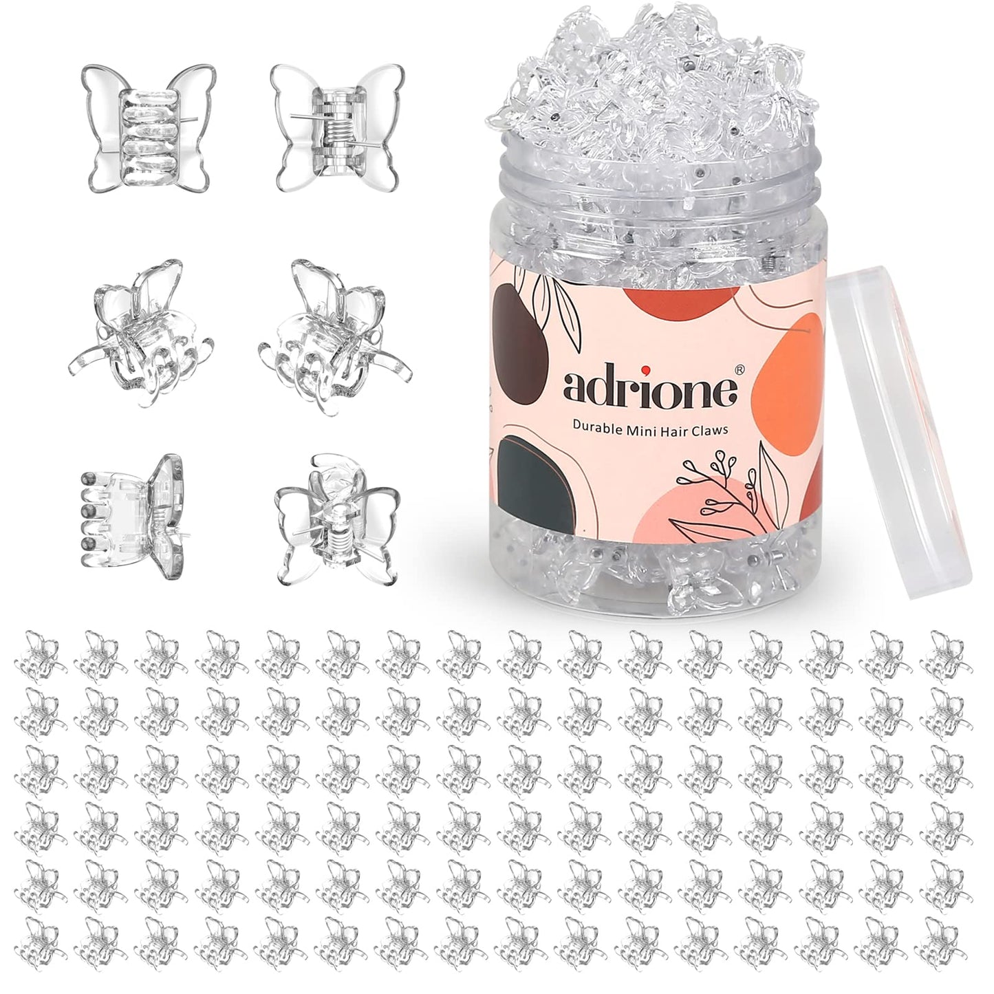 ADRIONE Clear Mini Hair Clips Butterflies 100 Pack, Durable Mini Claw Clips Small Claw Clips for Hair Design Strong Grip Clear Hair Clips Clear Butterfly Hair Clips Mini Hair Clips for Women Bangs