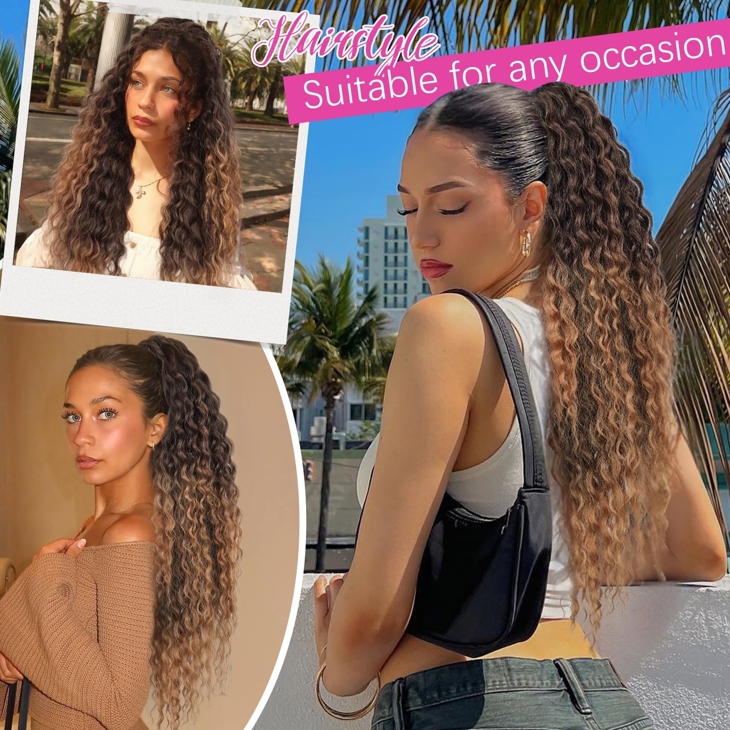 Isaic 26Inch Drawstring Ponytail Extensions for Women, Synthetic Long Curly Wavy Ponytail Gorgeous Pony Tails Hair Extensions for Daily Use(Ombre Medium Brown to Blonde)