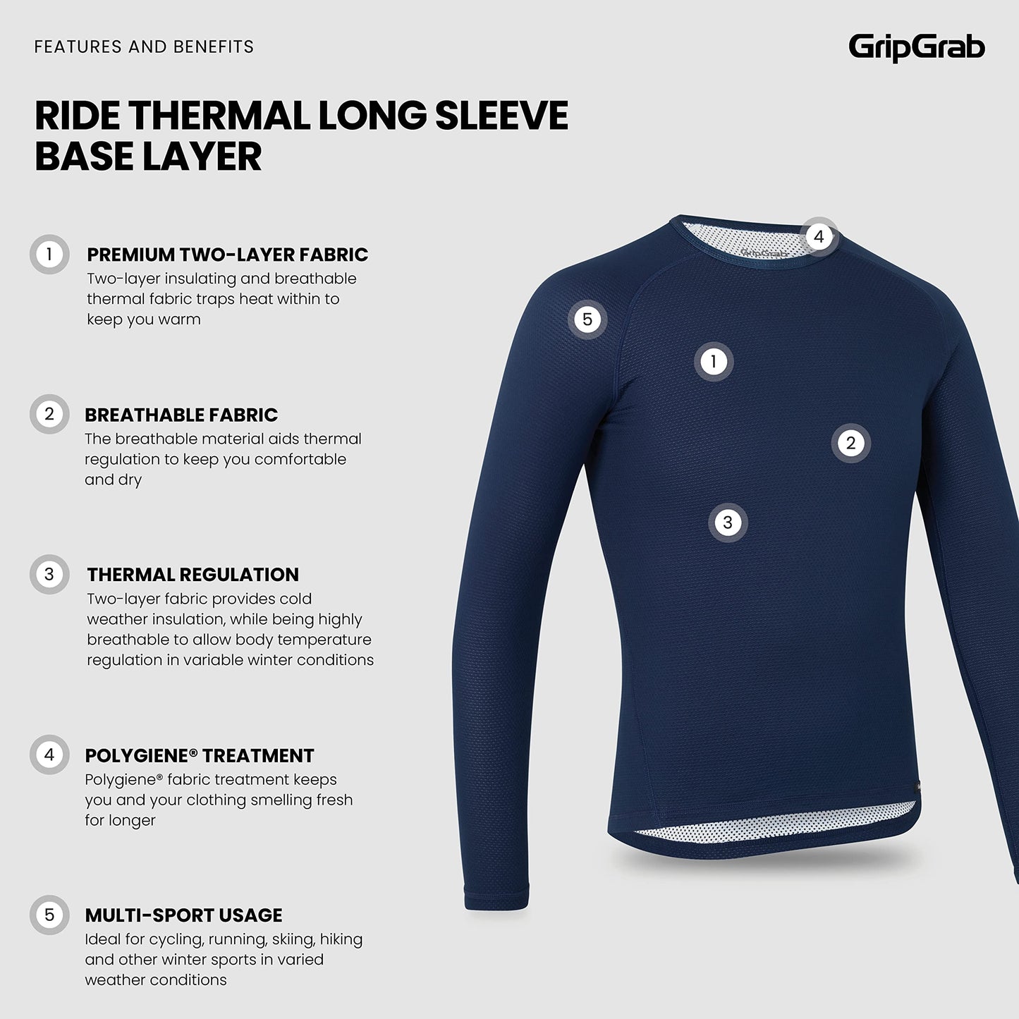GripGrab Ride Thermal Long Sleeve Winter Cycling Base Layer Single & Multipack Biking Undershirt Bicycle Baselayer Bike Shirt Navy Blue