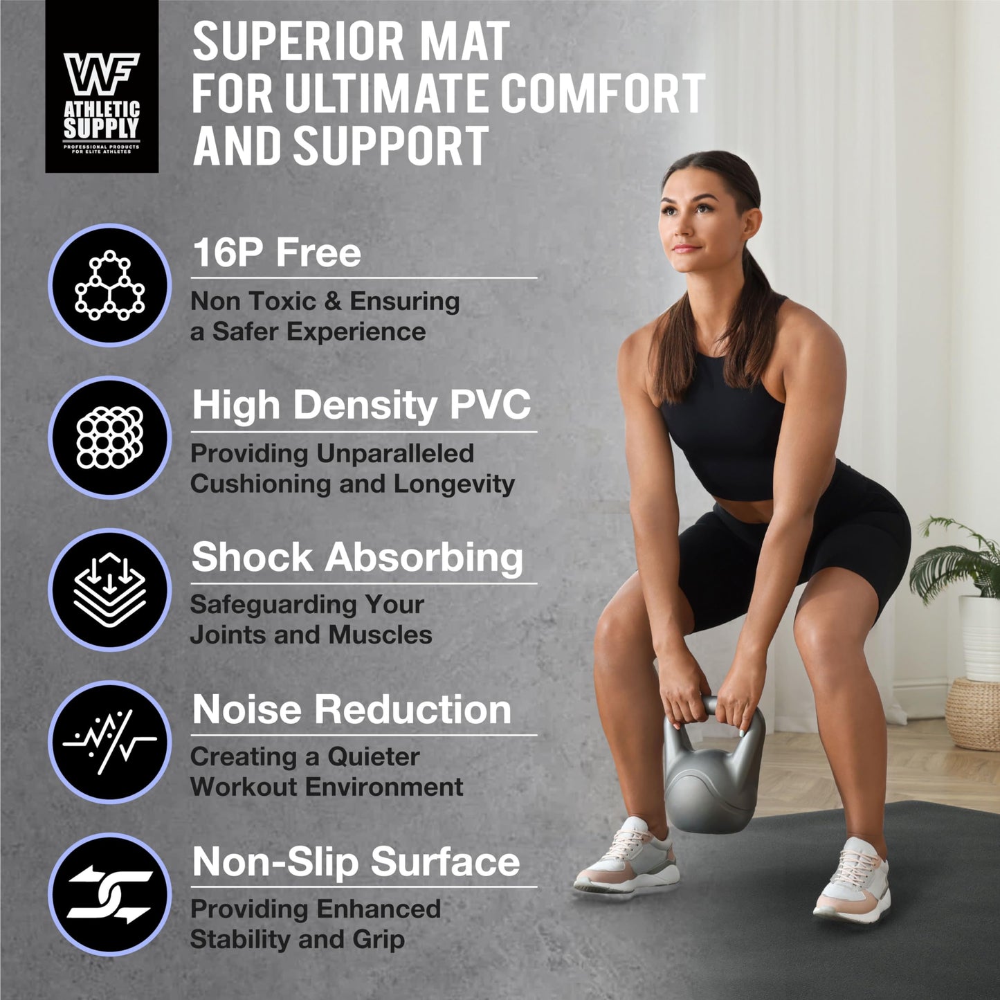 WF Athletic Supply Premium Large Exercise Floor Mats, 6' X 4' X 7 MM, Workout Mats for Home Gym Thick, Heavy-Duty Floor Mat for Gym, Cardio, Weightlifting, Exercise Equipment, Shoe-Friendly, Black