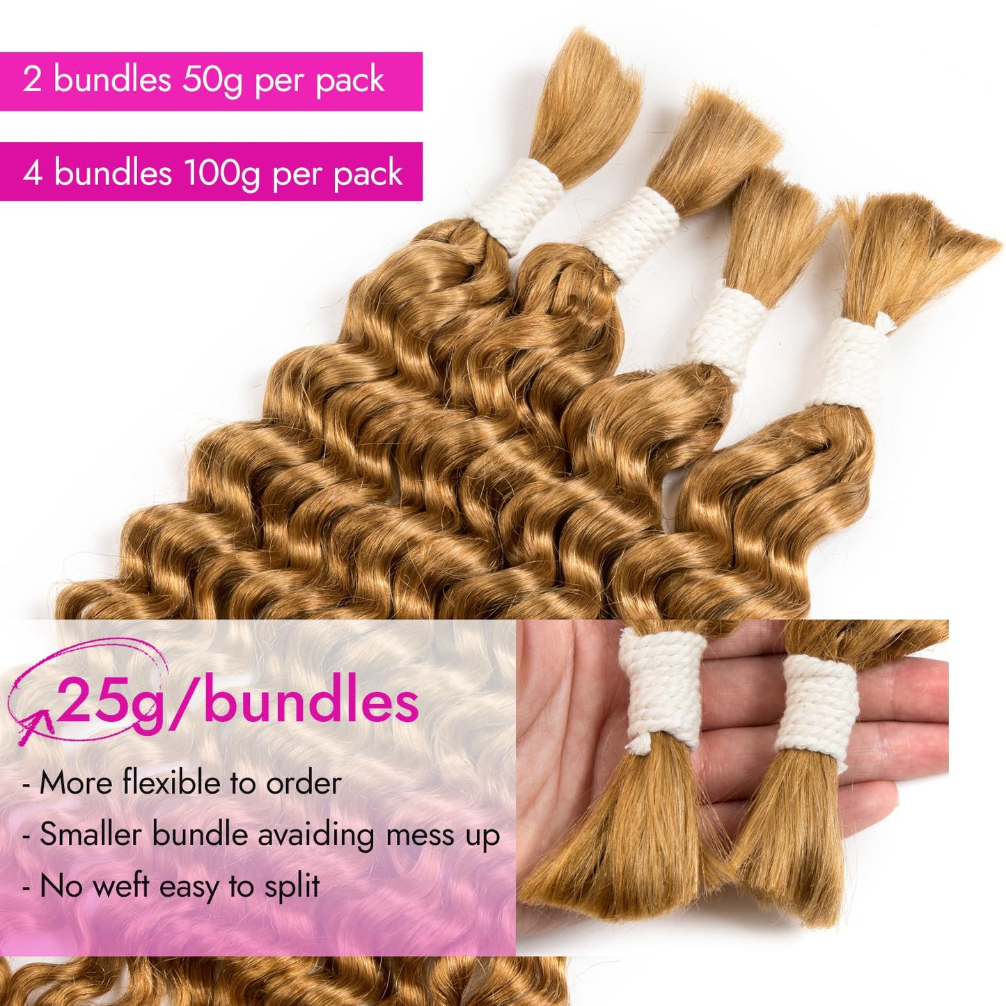 28 Inch Human Braiding Hair Deep Water Wave 4 Bundles/Pack 100g, Bulk Human Hair Braiding Hair for Boho Braids Honey Blonde, Curly Wet and Wavy Braiding Boho Human Hair for Braiding No Weft