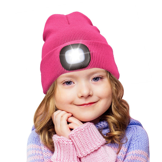 Ocatoma Gifts for Kids Boys Girls Beanie Warm Hat with Light LED USB Rechargeable Headlight Winter Knit Cuffed Hat Unisex Rose Red