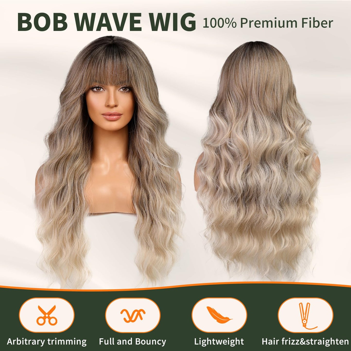 KOME Ombre Ash Blonde Wigs with Bangs,Grey Blonde Long Wavy Wig for Women,Long Curly Synthetic Hair Wig for Party Daily Use 26IN