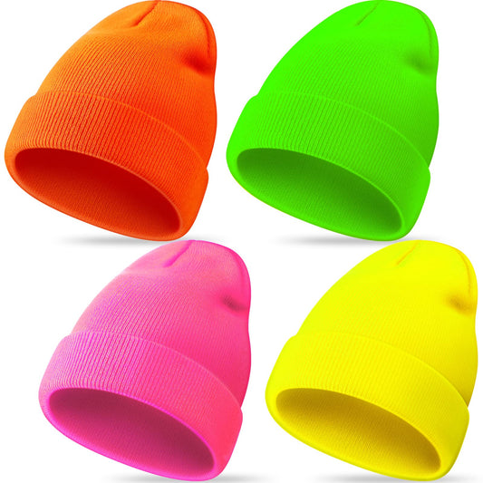 Neon Beanie Hat Slouchy Beanie Cap Unisex Knitted Winter Hat Ski Plain Beanie Cap for Men and Women (4 Pieces)