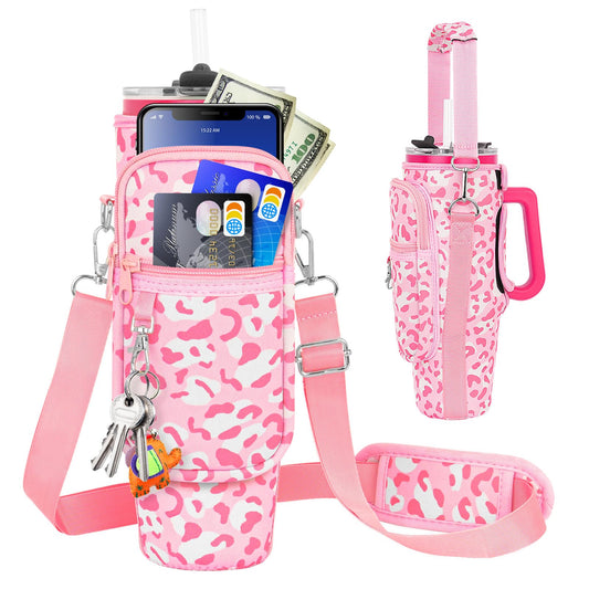 Water Bottle Carrier Bag with Phone Pocket Compatible with Stanley/Meoky 40 oz Tumbler with Handle,Neoprene Water Bottle Holder Pouch with Adjustable Strap Compatible with Stanley Cup Accessories