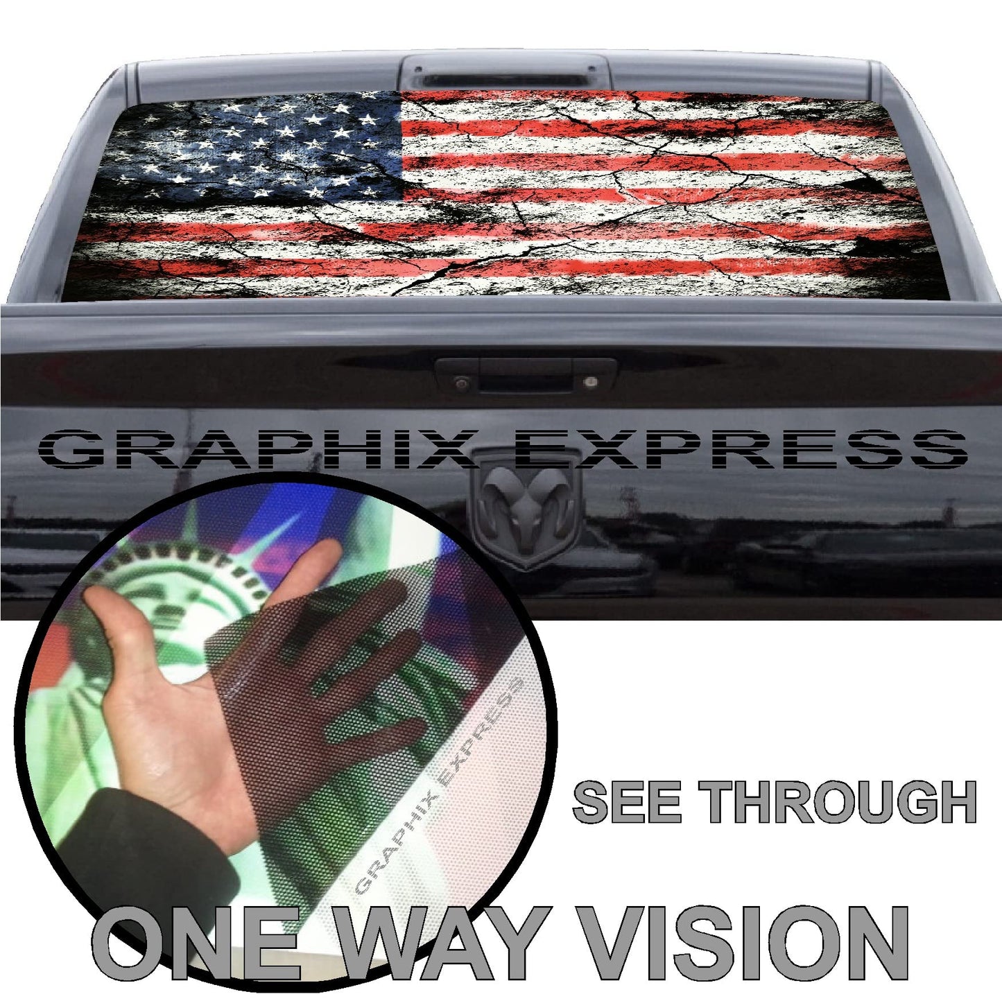 GRAPHIX EXPRESS American Flag Decal, Patriotic Red, White, Blue Vinyl Sticker for Truck Rear Window, Universal See-Through Design, Full Window Coverage, Weatherproof