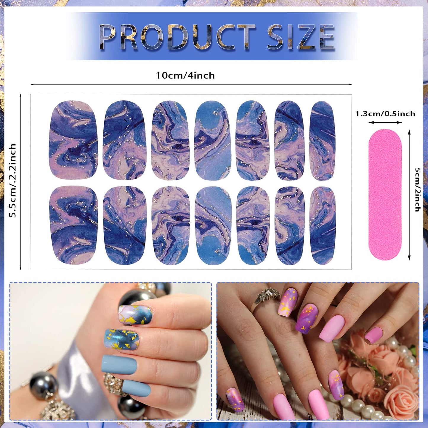 140 Pcs 10 Sheets Marble Full Wrap Nail Stickers Polish Strips Gradient Stickers Glitter Self Adhesive DIY Art Decals Strips with 2 Pcs Nail Files for Holiday Decor (Marble Style)