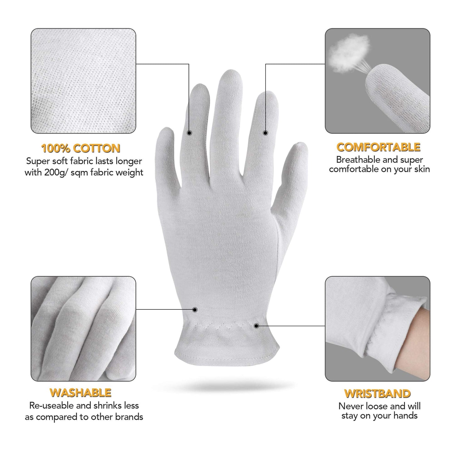 XS Extra Small 5 Pairs 100% Premium Cotton Gloves for Dry Hands | Moisturizing Overnight Gloves for Eczema, Psoriasis & Skin Spa Treatment for Women & Men | Washable & Reusable with Free Laundry Bag