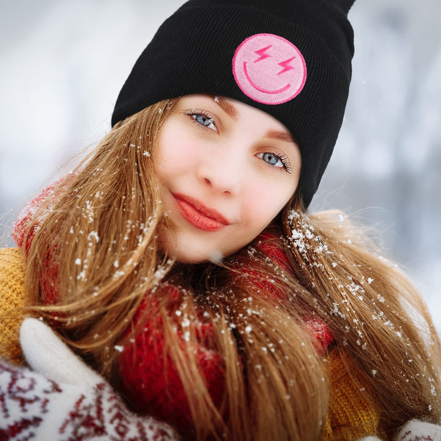 2 Pcs Preppy Beanie Hats Knit Beanie Hat Winter Cute Embroidered Hats for Women(Black, White,Smile Face)
