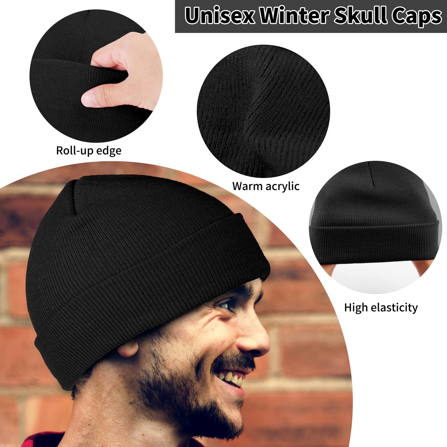 Cooraby 3 Pack Unisex Winter Skull Cap Beanies Knitted Cuff Hats Caps Roll-up Edge Beanie Hats for Men Women Outdoors