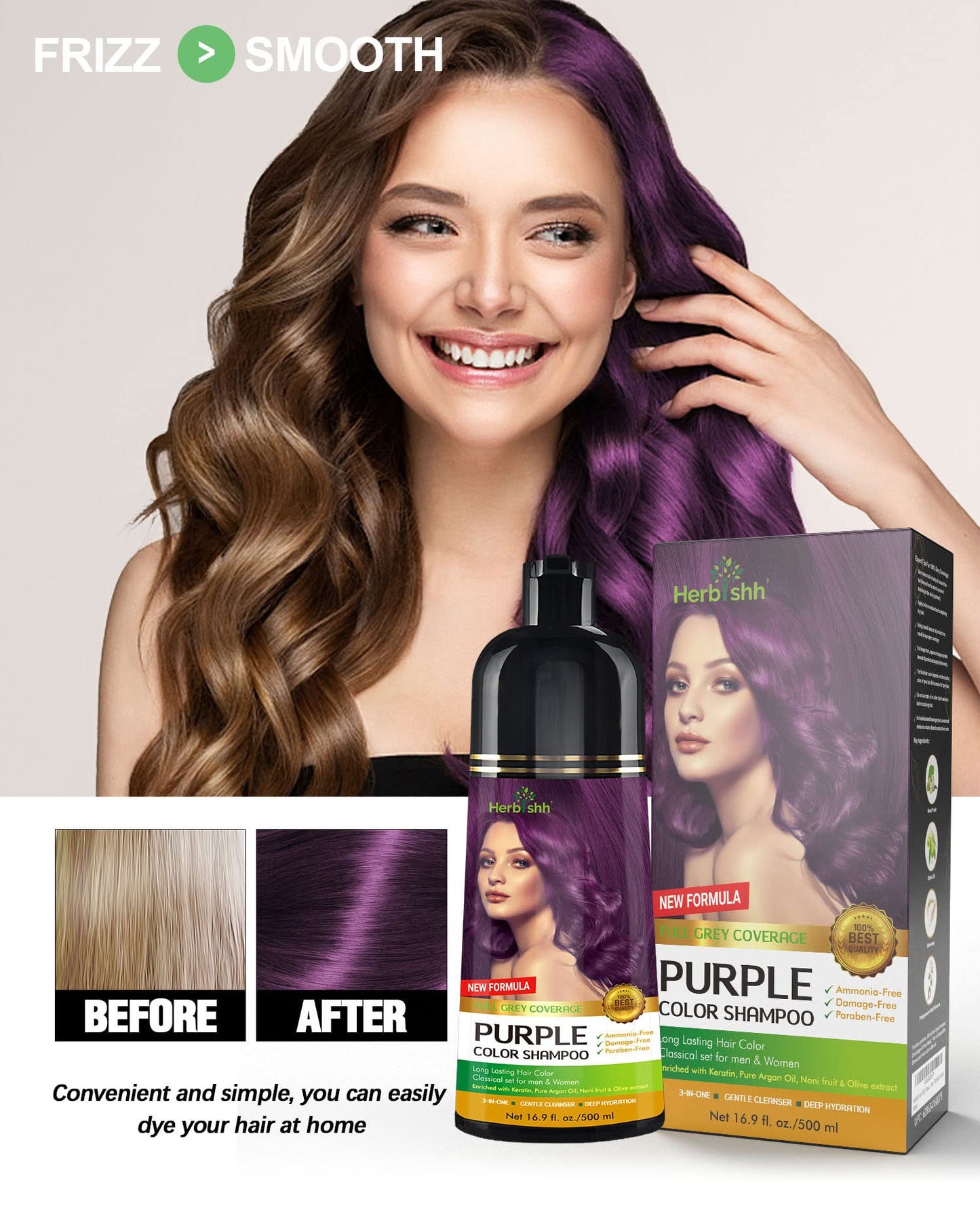 Herbishh Magic Hair Dye Shampoo – Colors Gray Hair in Minutes – Long Lasting – 500 Ml – 3-In-1 Ammonia-Free Color Treatment (Purple)