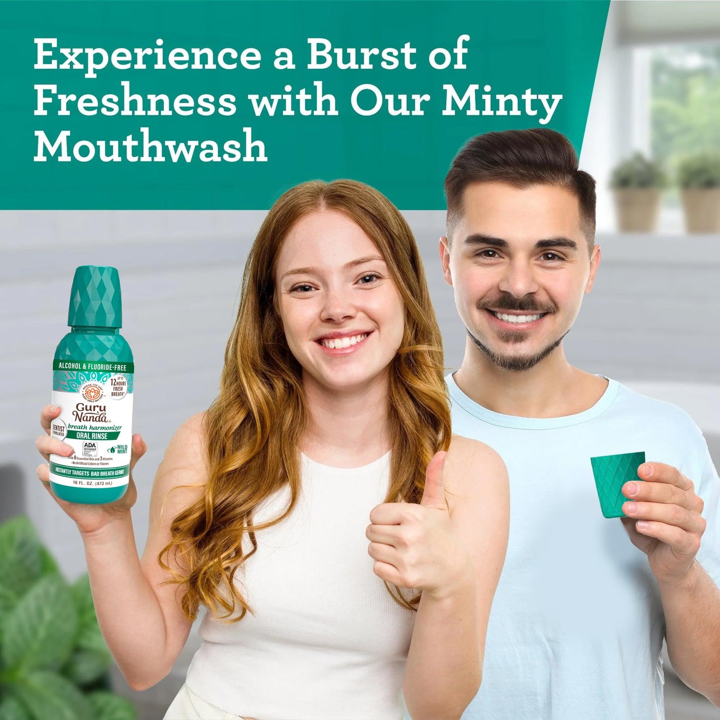 GuruNanda Fresh Breath Mouthwash, ADA-Accepted, Alcohol & Fluoride-Free, Sodium Chlorite, Essential Oils & Vitamins, 12-Hrs Fresh Breath, Wild Mint, 16 oz