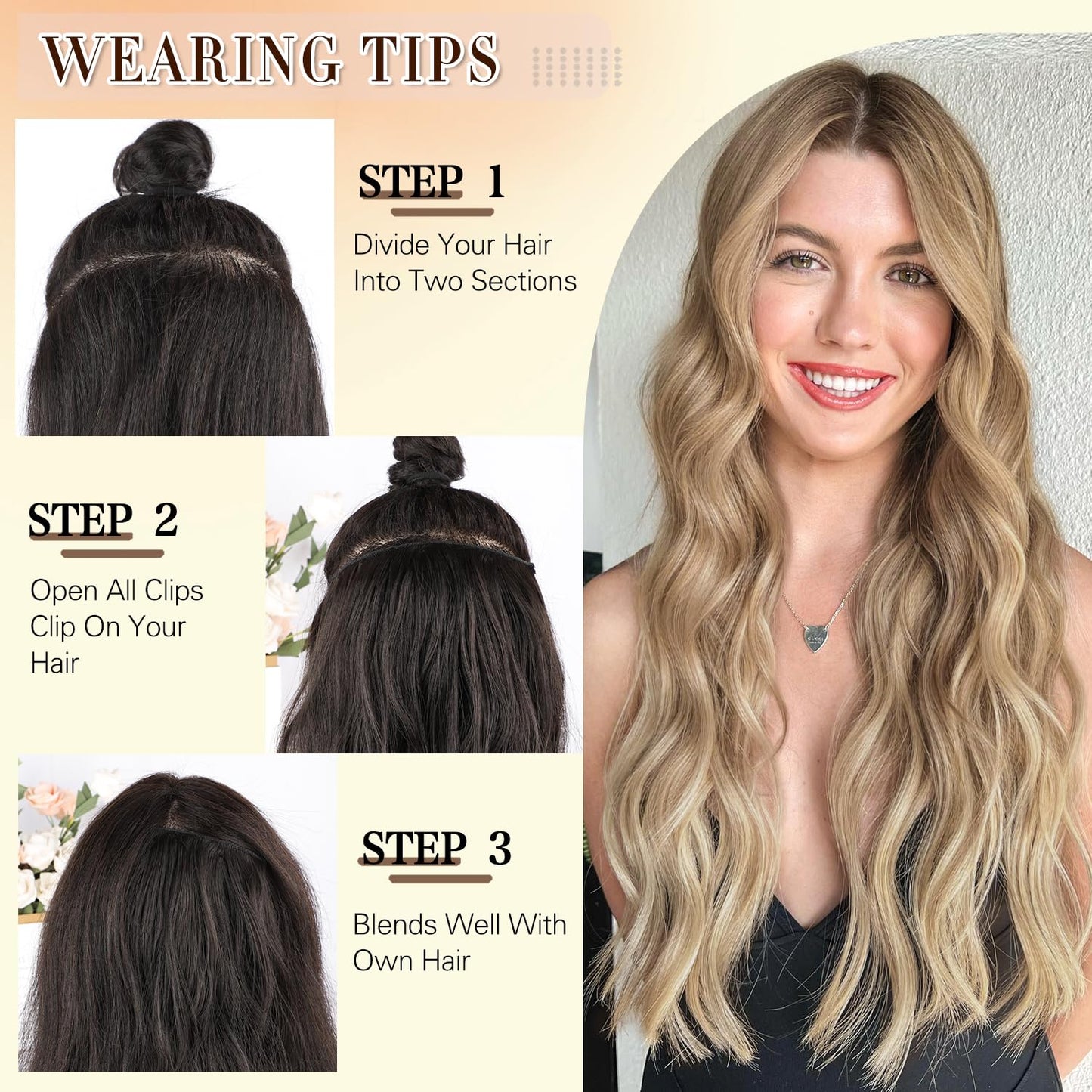 FREEMEIGE Clip in Hair Extensions for Women,Blonde Extensions Clip in Synthetic Hair Extensions Long Wavy 4PCS Thick Hairpieces Fiber Double Weft Natural Hair Extensions 20 Inch for Women