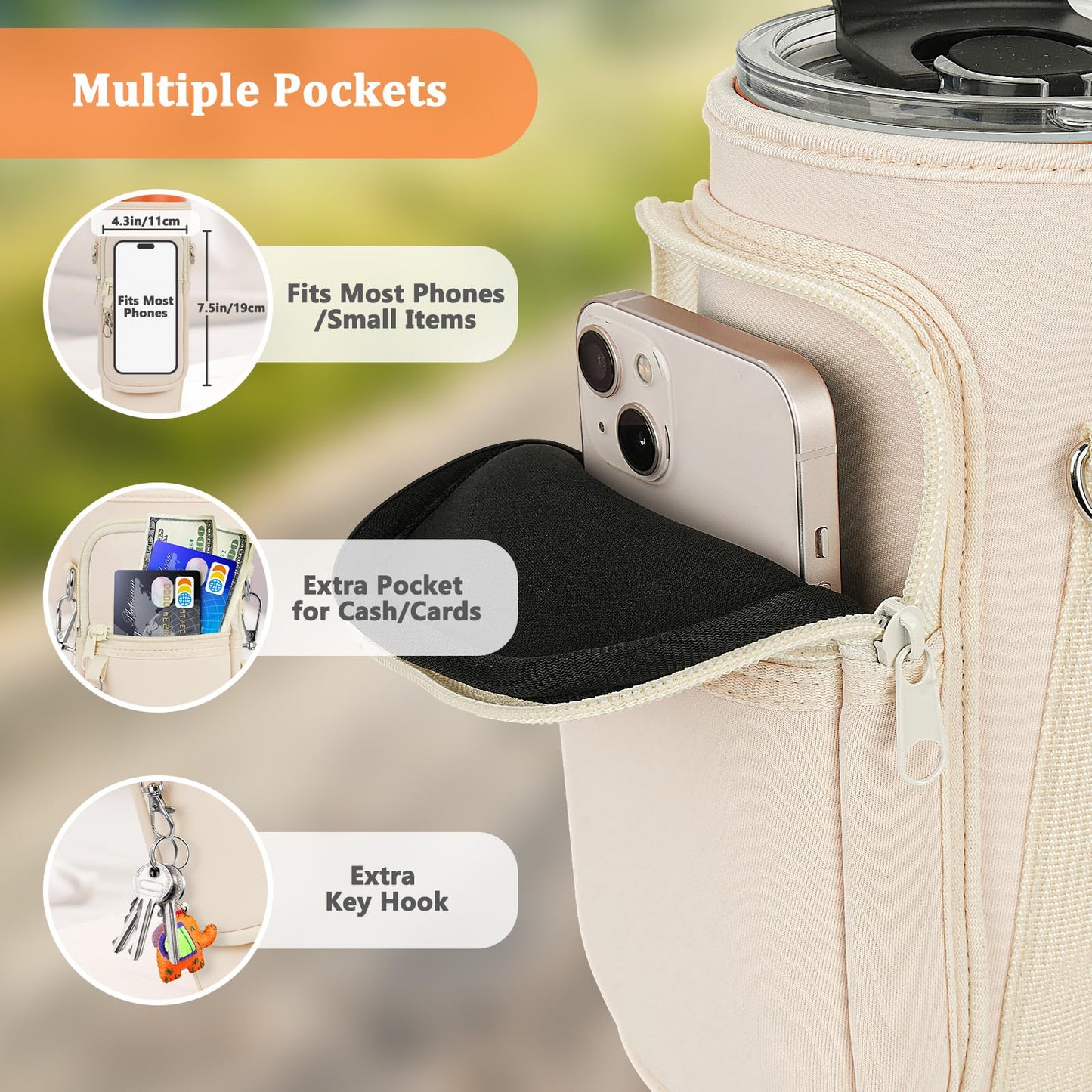 Water Bottle Carrier Bag with Phone Pocket and 2 Straw Covers Compatible with Stanley/Meoky/BrüMate 40 oz Tumbler with Handle,Water Bottle Holder with Adjustable Strap Fits for Stanley Cup Accessories