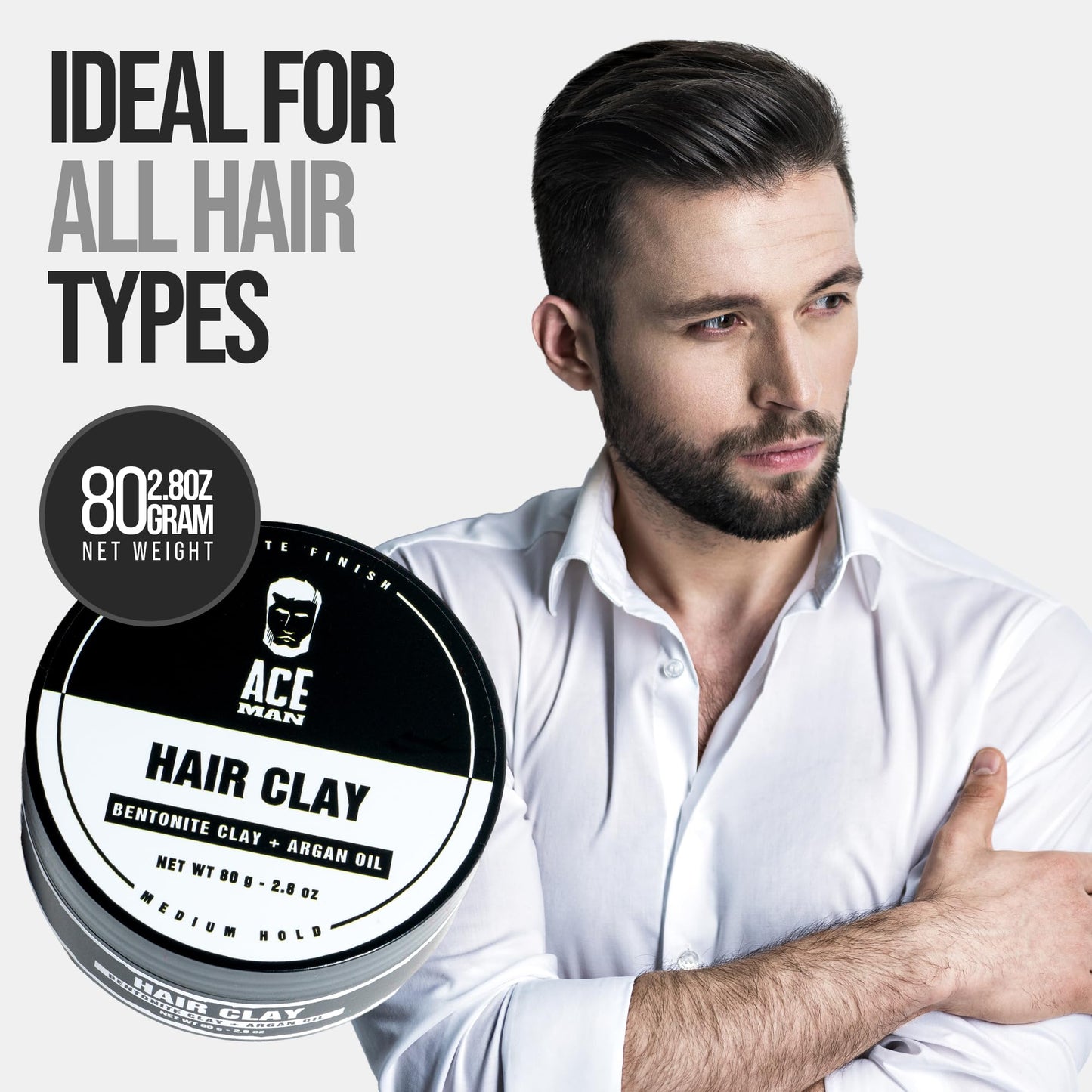 AceMan Hair Styling Clay - Medium Hold Matte Finish - Creates Volume & Texture - No Shine or Grease - Molding Cream For Men - Barber Approved (2.8 Oz)