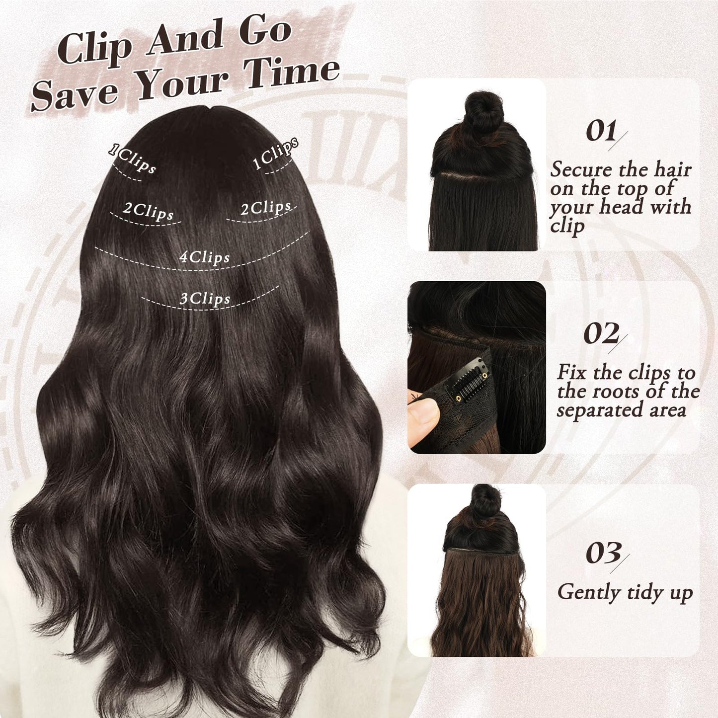 BARSDAR Brown Clip in Hair Extensions - 16 Inch Wavy Clip in Hair Extensions for Women - 6PCs Full Head Thick Soft Synthetic Clip in Hairpieces Daily Party Halloween- Dark Brown