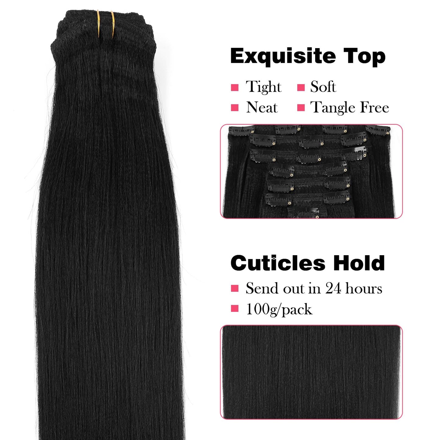 Sassina Light Yaki Straight Clip in Hair Extensions Human Hair Double Wefts Clip in Extensions for African American Black Women 120 Grams Jet Black 16 Inch 7Pcs