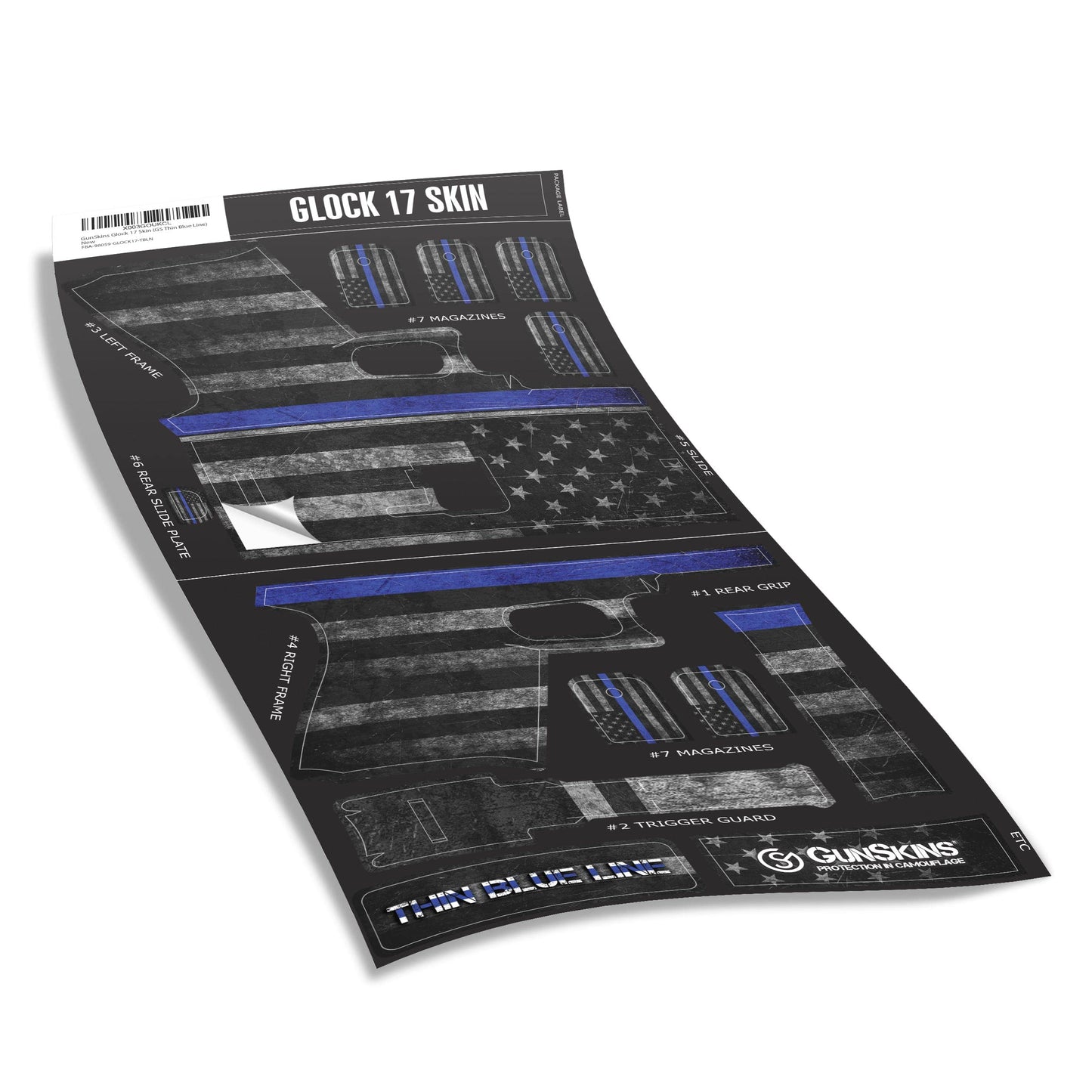 GunSkins Precut Pistol Skin for Glock 43 - Compatible with Airsoft AEG BB Gun - Vinyl Gun Wrap - Easy to Install - 100% Waterproof - Matte Finish - Made in USA - GS Thin Blue Line