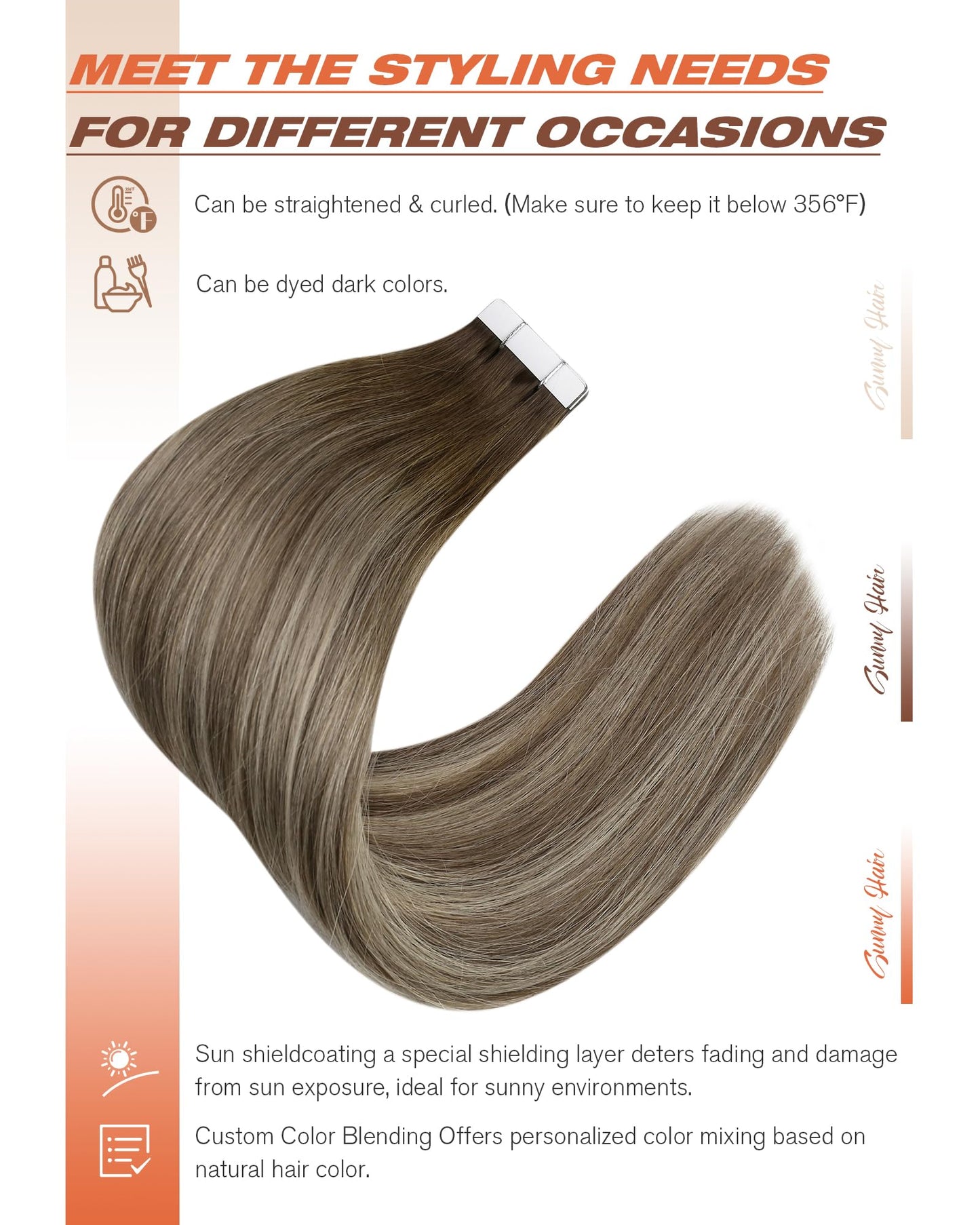 Sunny Hair Brown Balayage Tape in Hair Extensions for Women Human Hair Tape in Extensions Cool Brown Fading to Ash Brown Mix Light Blonde Balayage Short Tape Hair Extensions Brown Balayage 20pcs 12in