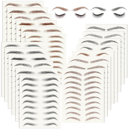 20 Sheets 196 Pairs Eyebrow Tattoo Sticker Waterproof 4D Hair-Like Natural Fake Tattoo Eyebrows Transfers Stickers Peel Off Brows Grooming Shaping Makeup Sticker for Women Girls, Brown/Black