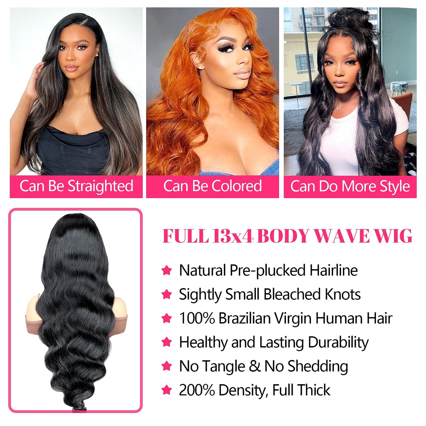 GVRR Body Wave 13x4 Full Frontal Wig Human Hair Full 13x4 HD Transparent Front Wigs Pre Plucked Bleached Knots Full 13x4 HD Lace Front Wigs 200% Density Tiny Knots Brazilian Hair Natural Black 26 Inch