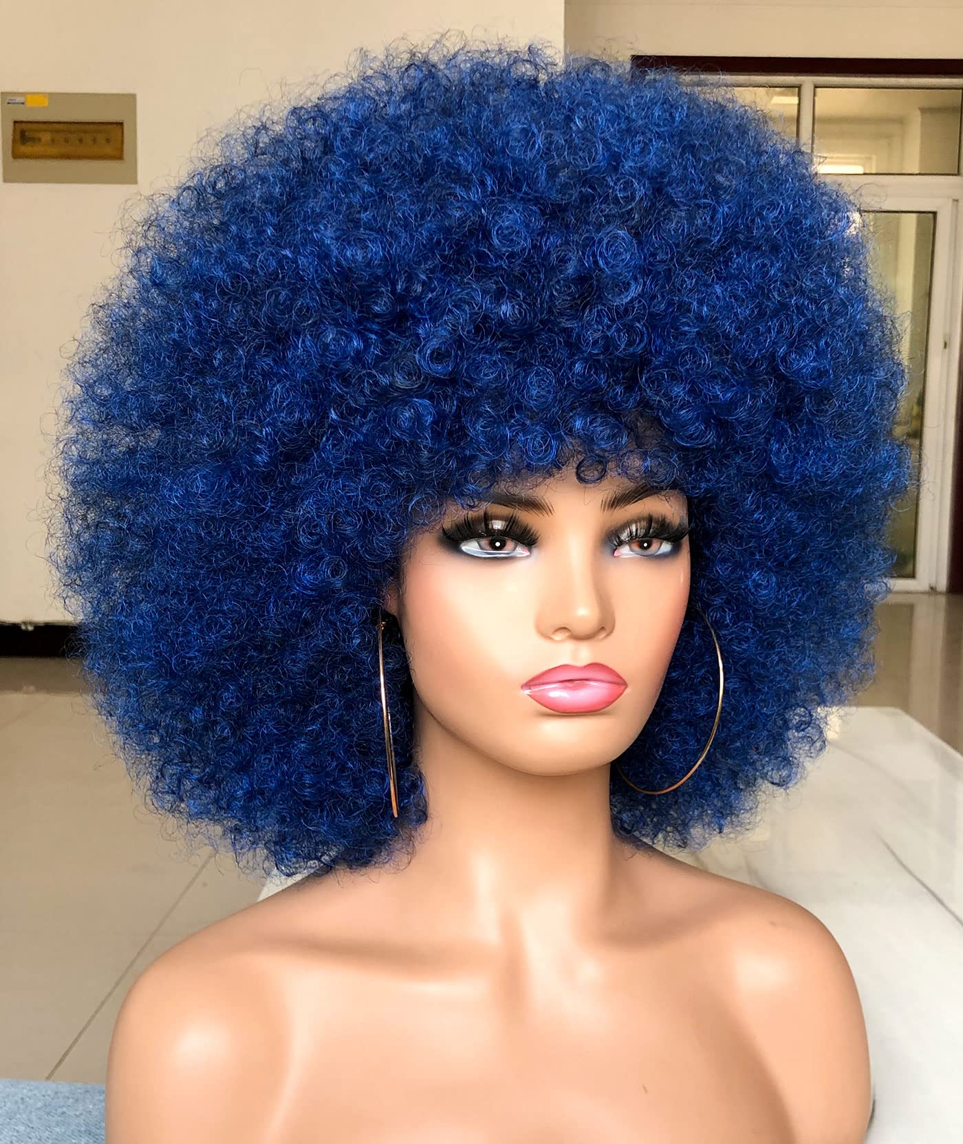 HIHOO Short Afro Wig with Bangs for Black Women Afro Kinky Curly Wig 70s Premium Synthetic Big Afro Wig(Blue)