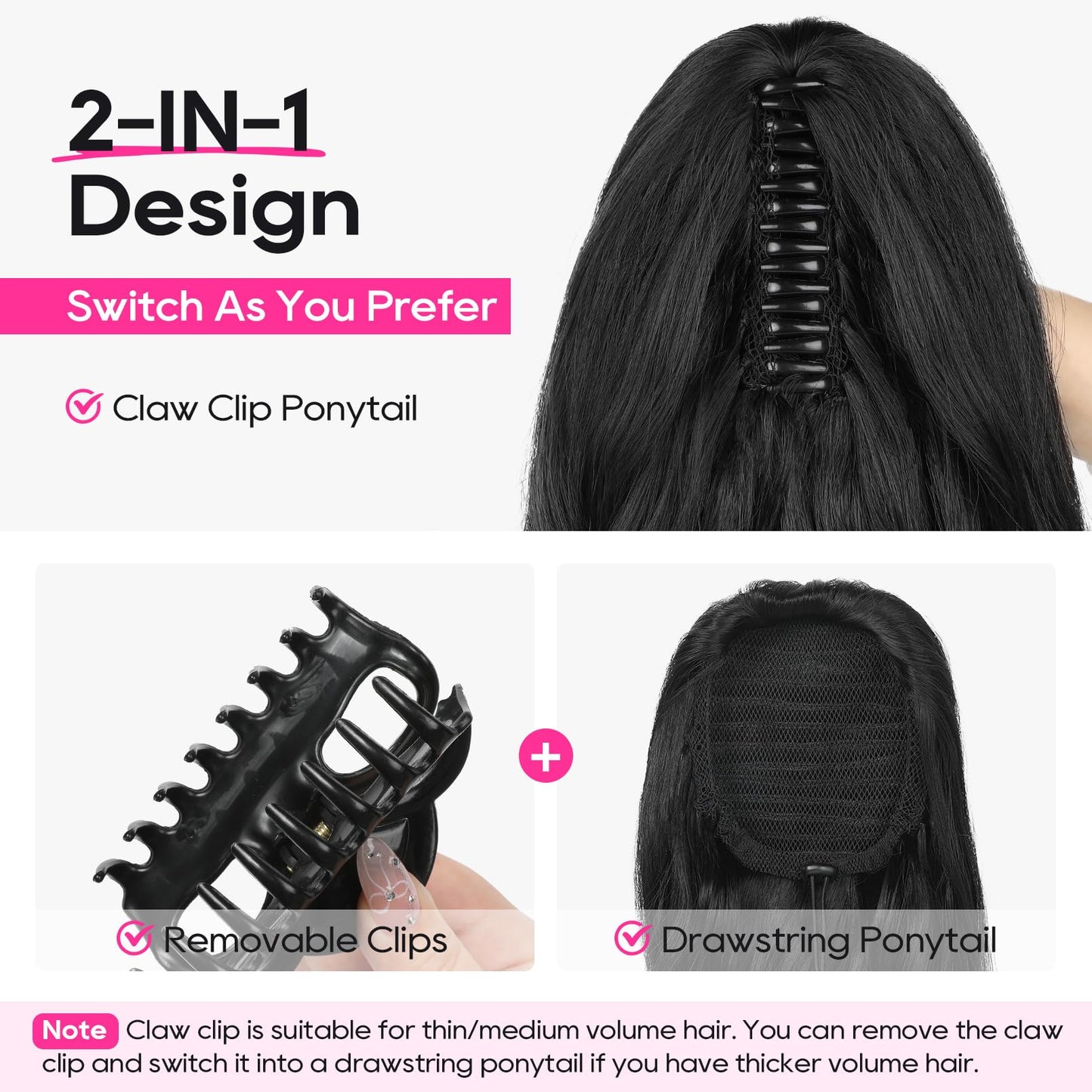 REECHO Ponytail Extension, 24" Claw Clip in Ponytail Extension Long Curly Wavy Ponytail Hair Extension Jaw Clip on Pony Tails Hairpiece for Women - Black Brown