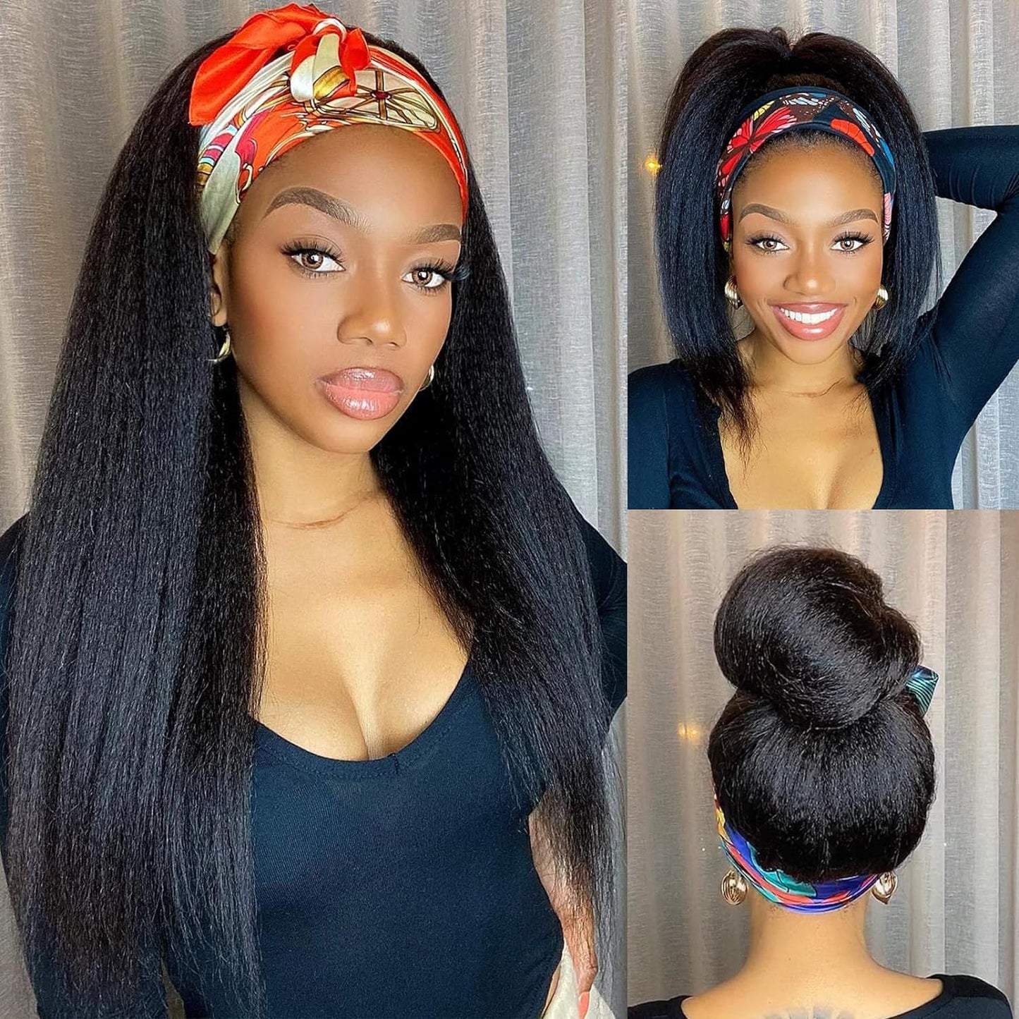 20inch Headband Wigs Human Hair 180% Density Half Wigs for Black Women Human Hair Kinky Straight Headband Wigs for Women 12A Yaki Straight Wig None Lace Front Wigs for Black Women Natural