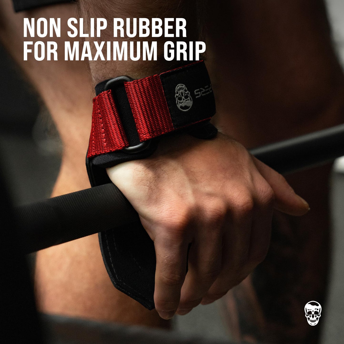 Gymreapers Weight Lifting Grips (Pair) for Heavy Powerlifting, Deadlifts, Rows, Pull Ups, with Neoprene Padded Wrist Wraps Support and Strong Rubber Gloves or Straps for Bodybuilding (Red, Small)
