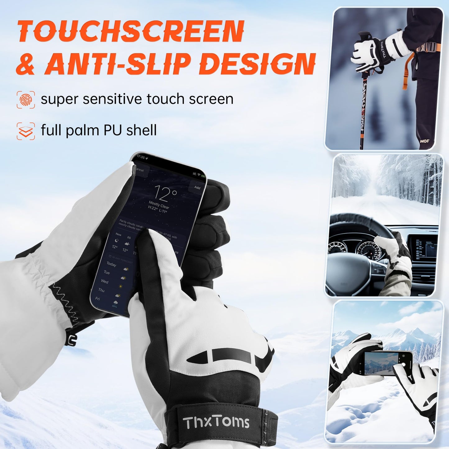 ThxToms Ski Gloves, Waterproof Winter Gloves for Men Women, 3M Thinsulate Warm Gloves, Unisex Touchscreen Snowboarding Gloves, Medium, White