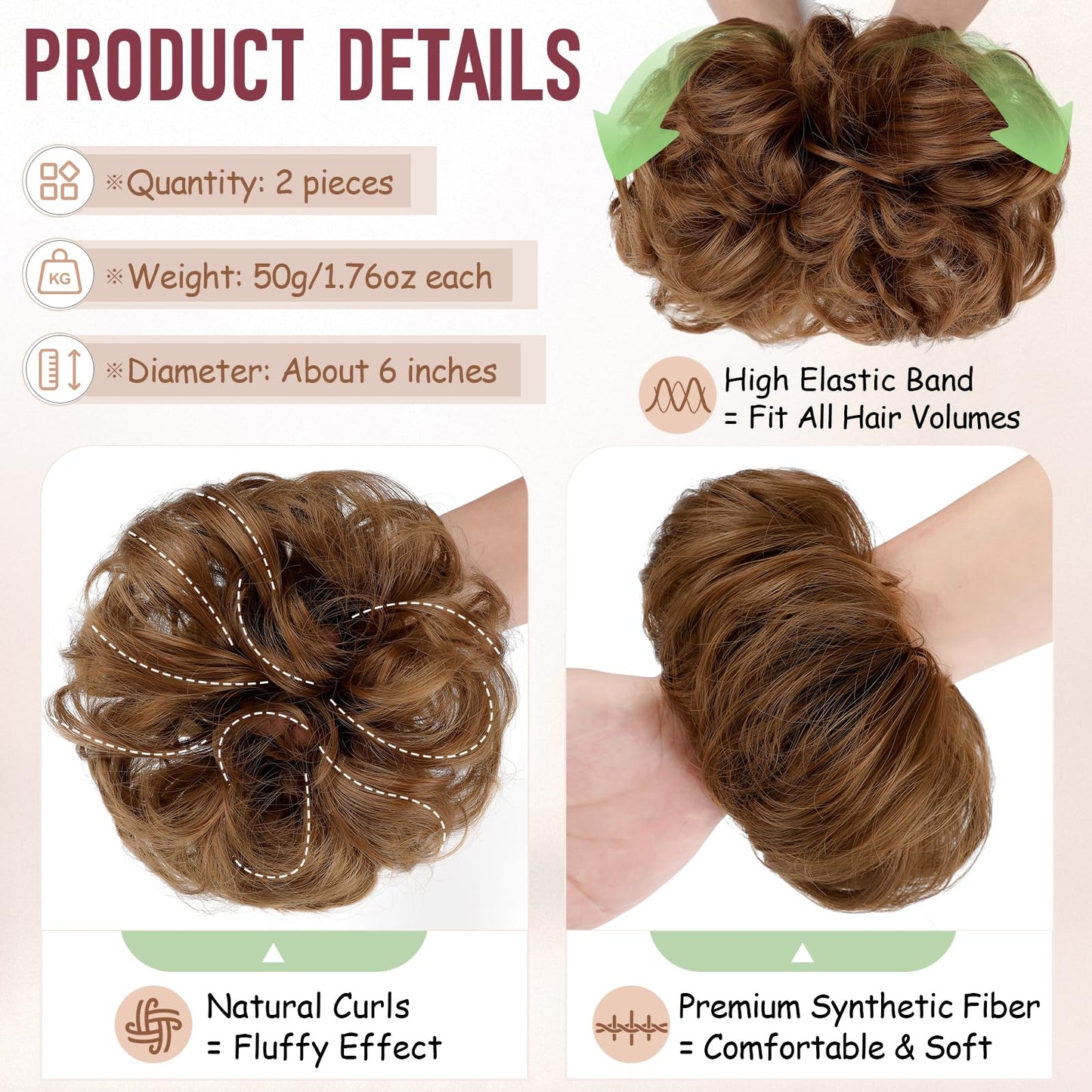 FeidyLong 2 PCS Messy Bun Hair Piece Wavy Curly Scrunchies Synthetic Chignon Ponytail Hair Extensions Thick Updo Hairpieces for Women Girls(Light Auburn)