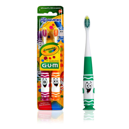 GUM Crayola Toddler Pip-Squeaks Toothbrush, Ultra Soft Bristles, Tapered Head, Ages 2+, 2 Count