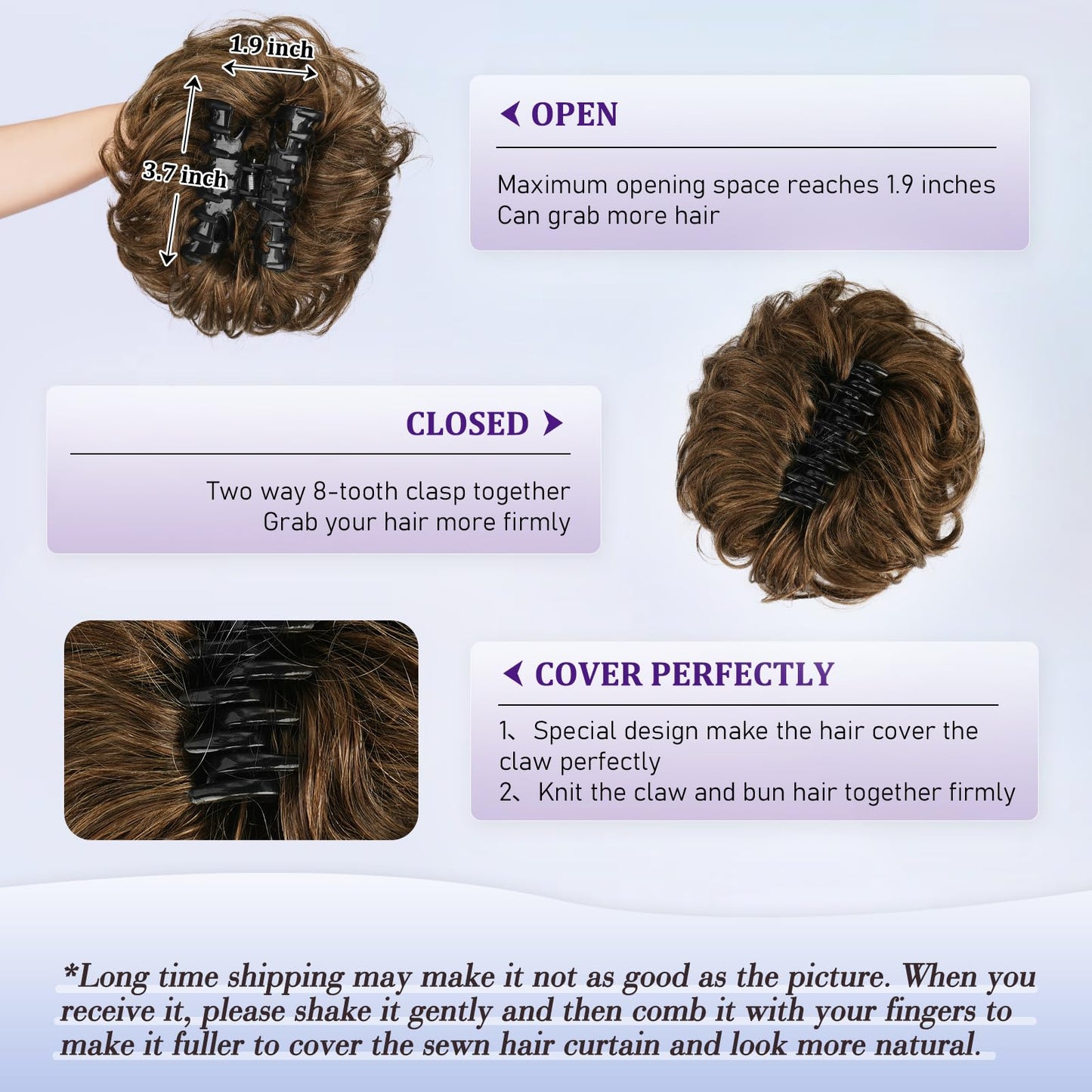 RUWISS Large Messy Bun Hair Piece with Claw Clip Human Hair Bun Wavy Curly Chignon Hair Bun Extensions Tousled Updo Hair Pieces for Women Claw Clip Ponytail for Women, Brown Mixed