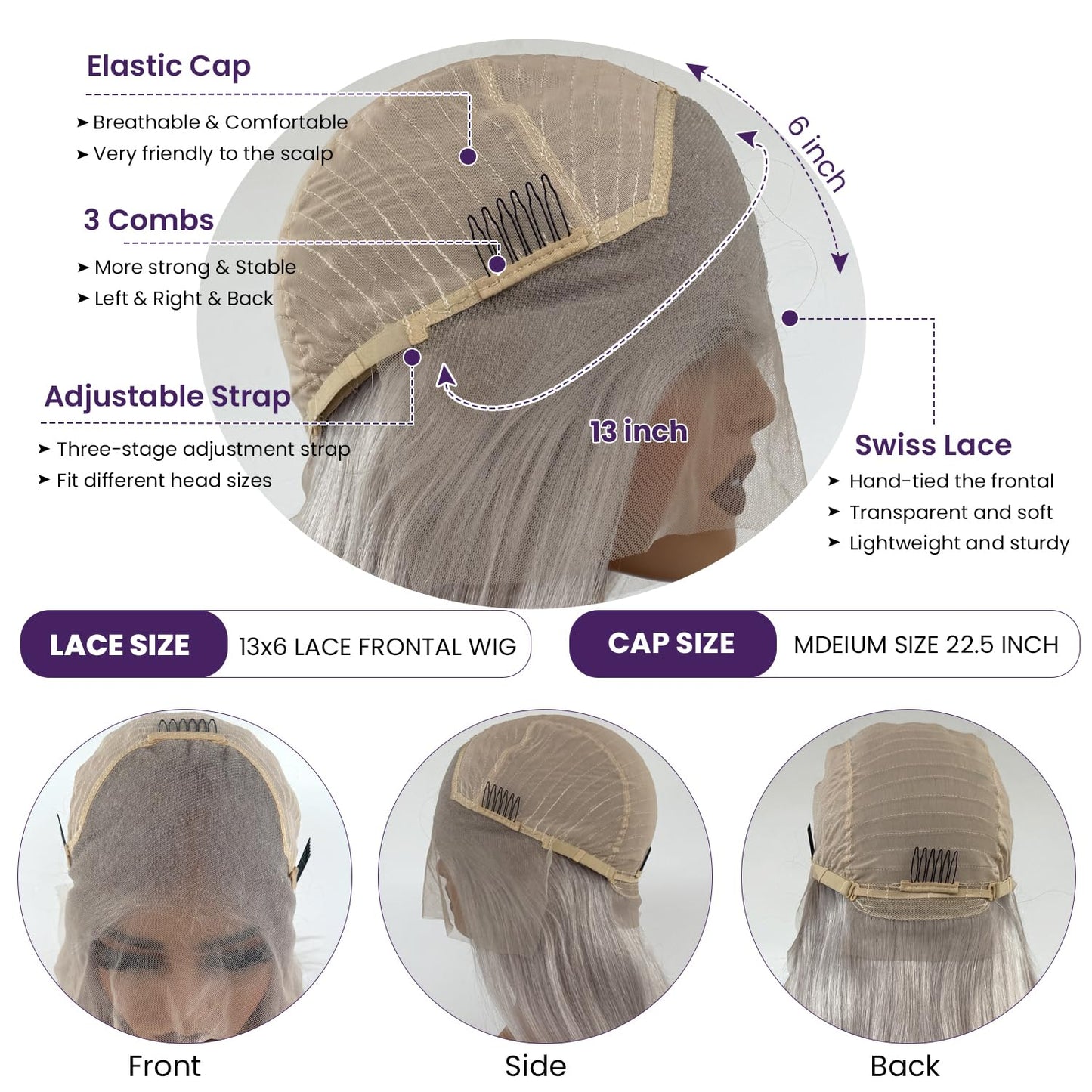 Grey Lace Front Wigs Human Hair 22 Inch 13x6 Grey Wig Human Hair Pre Plucked Glueless HD Lace Front Grey Wigs for Black Women 180% Density Colored Silver Grey Straight Human Hair Lace Front Wigs