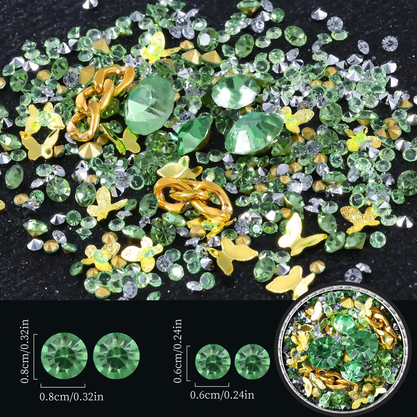 6 Wheels Mixed Sparkle Nail Art Rhinestones Diamonds Crystals Butterfly Beads Artificial Pearls Gold Silver Nail Studs Gems Metal Hollow Rivets Charms (Grass Green)