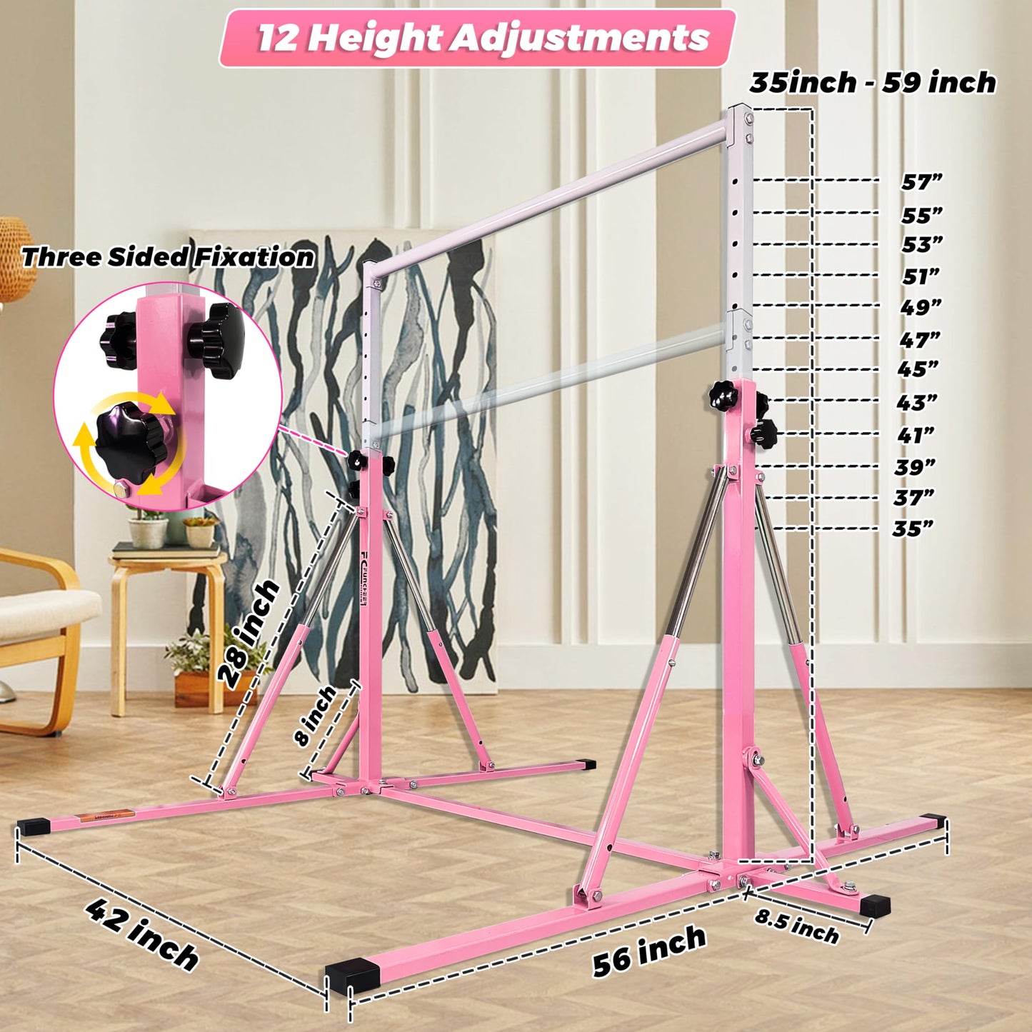 FC FUNCHEER Foldable Gymnastics Bar,5FT Horizontal bar,Adjustable Kids Training bar for Kids Ages 3-15,Kids Gymnastics bar,Triangle Stable Structure-Gym Equipment for Home