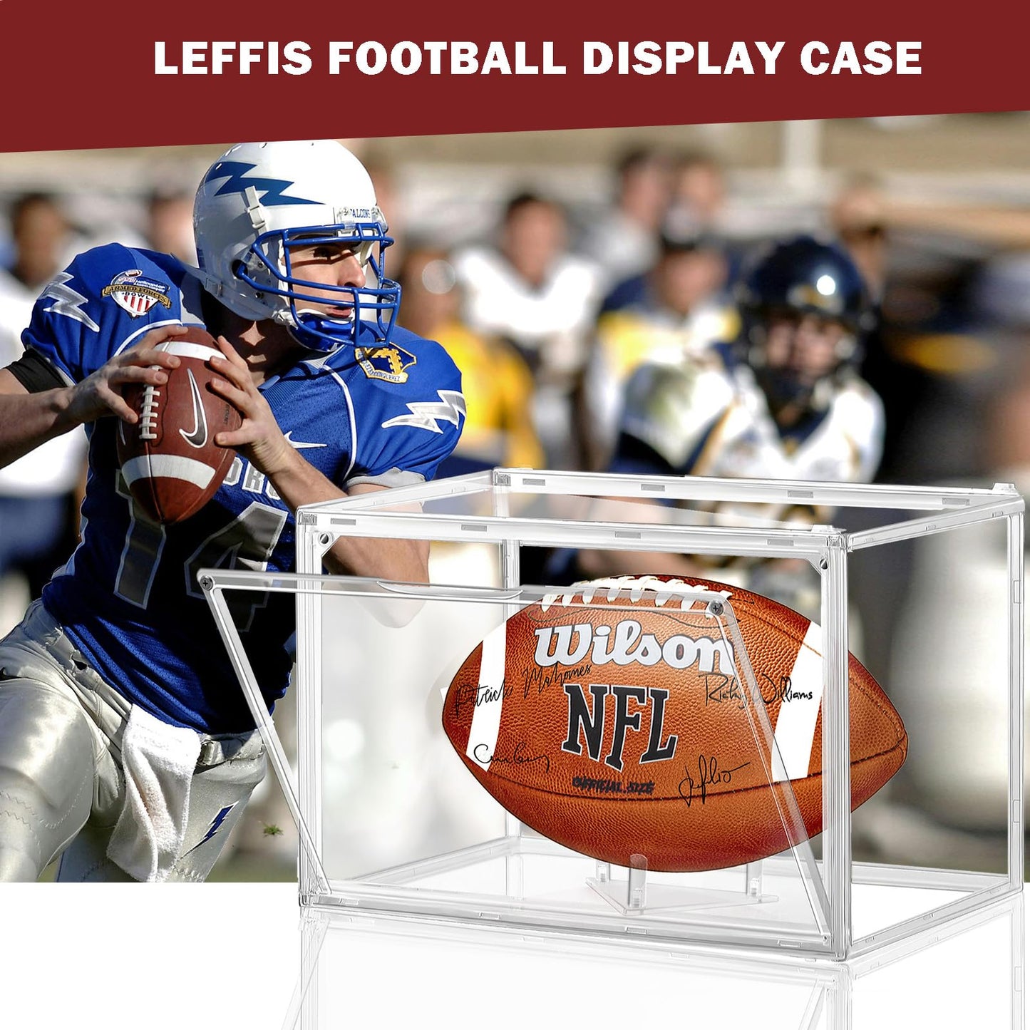 2 Pack Football Display Case, Leffis Football Case Display Case, Memorabilia Display Cases with Magnetic Door and Removable Football Stand for Autographed Football (Assembly Required)