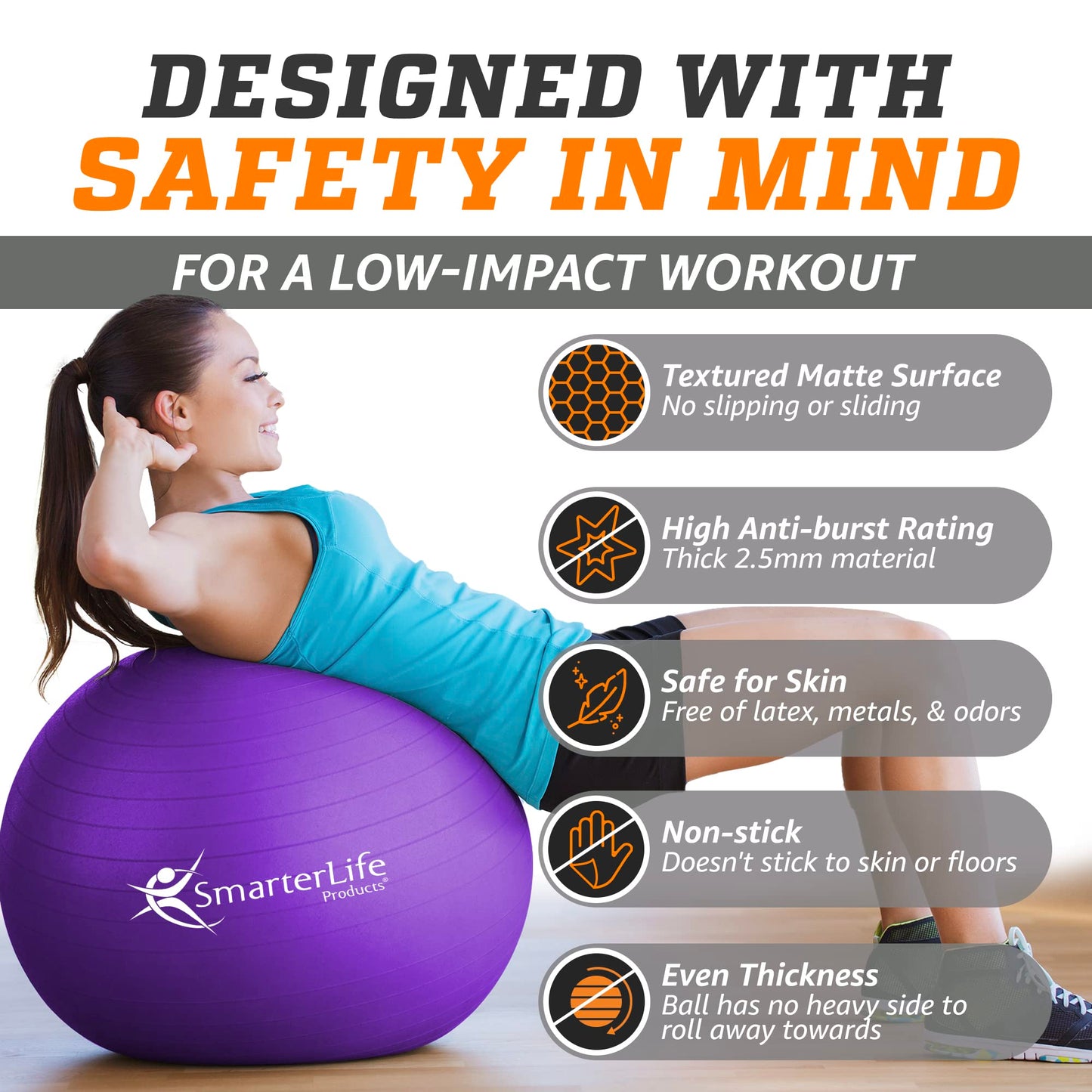 SmarterLife Workout Exercise Ball for Fitness, Yoga, Balance, Stability, or Birthing, Great as Yoga Ball Chair for Office or Exercise Gym Equipment for Home, Non-Slip Design (45 cm, Purple)