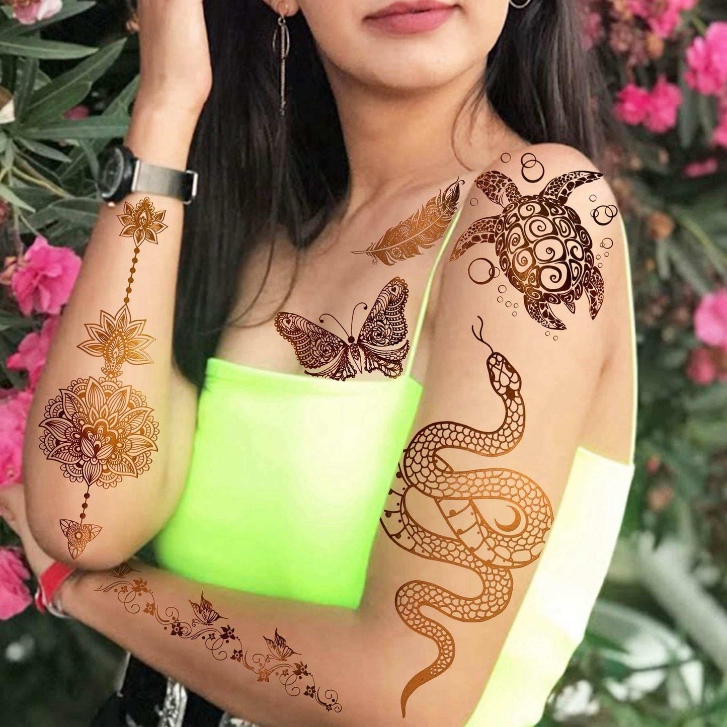9 Sheets 99+ Design Flash Gold Metallic Temporary Tattoos For Women Adults, Glitter Bohemia Fake Tattoo Stickers Indian Tribal Elephant 3D Wolf Lion Snake Mandala Flower, Golden Butterfly Tattoos