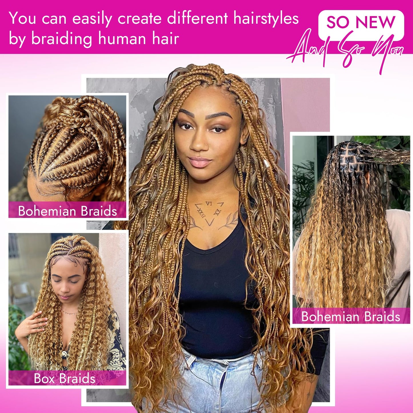 28 Inch Human Braiding Hair Deep Water Wave 4 Bundles/Pack 100g, Bulk Human Hair Braiding Hair for Boho Braids Honey Blonde, Curly Wet and Wavy Braiding Boho Human Hair for Braiding No Weft