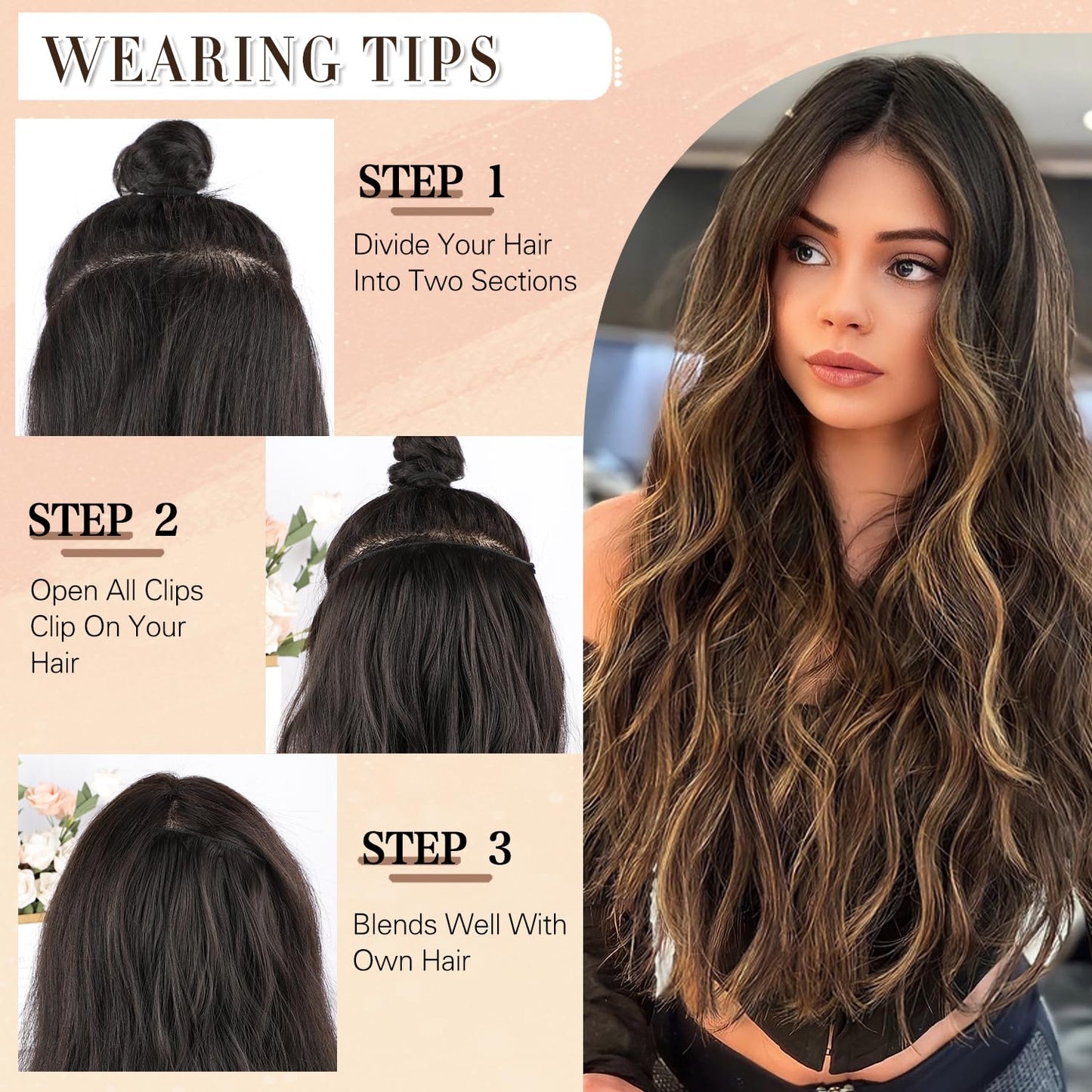 FREEMEIGE Clip in Long Wavy Synthetic Hair Extension 20 Inch Balayage Dark Brown to Chestnut 4PCS Thick Hairpieces Fiber Double Weft Hair for Women