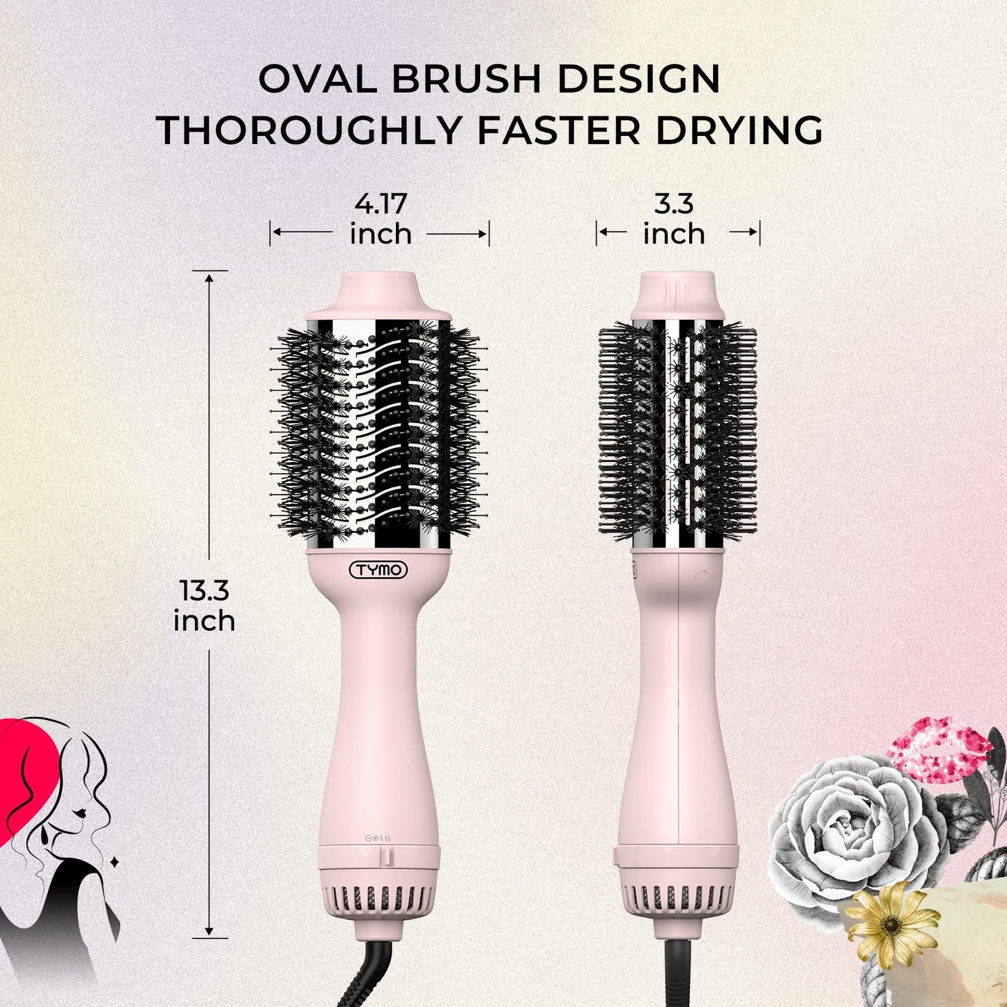 TYMO Pink Volumizer Hair Dryer Brush with Titanium Barrel, 1200W, 3 Speeds, Nylon Bristles, Ionic Technology, Salon Long-lasting Hairstyles, Hot Air Brush for Women, Designed for 120V USA Outlets
