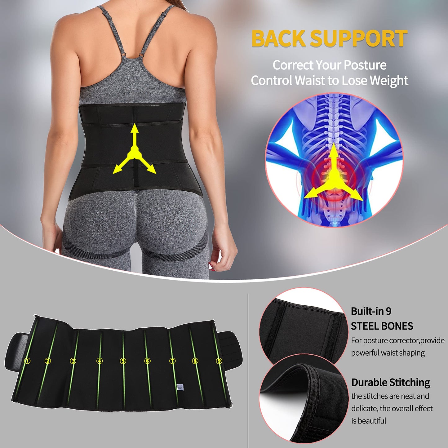 KIWI RATA 2 in 1 Neoprene Sauna Waist Trainer Corset Sweat Belt for Women Tummy Control Bands Compression Workout Fitness Trimmer,#1 Zipper Black,Medium