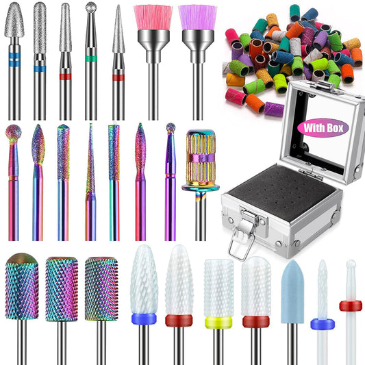 25Pcs Nail Drill Bits Set with Silver Holder and 50Pcs 8 Colors Sanding Bands, Tungsten Carbide Ceramic Diamond 3/32 inch Nail Drill Bits Remove Acrylic Poly Nail Gel Nail Polish