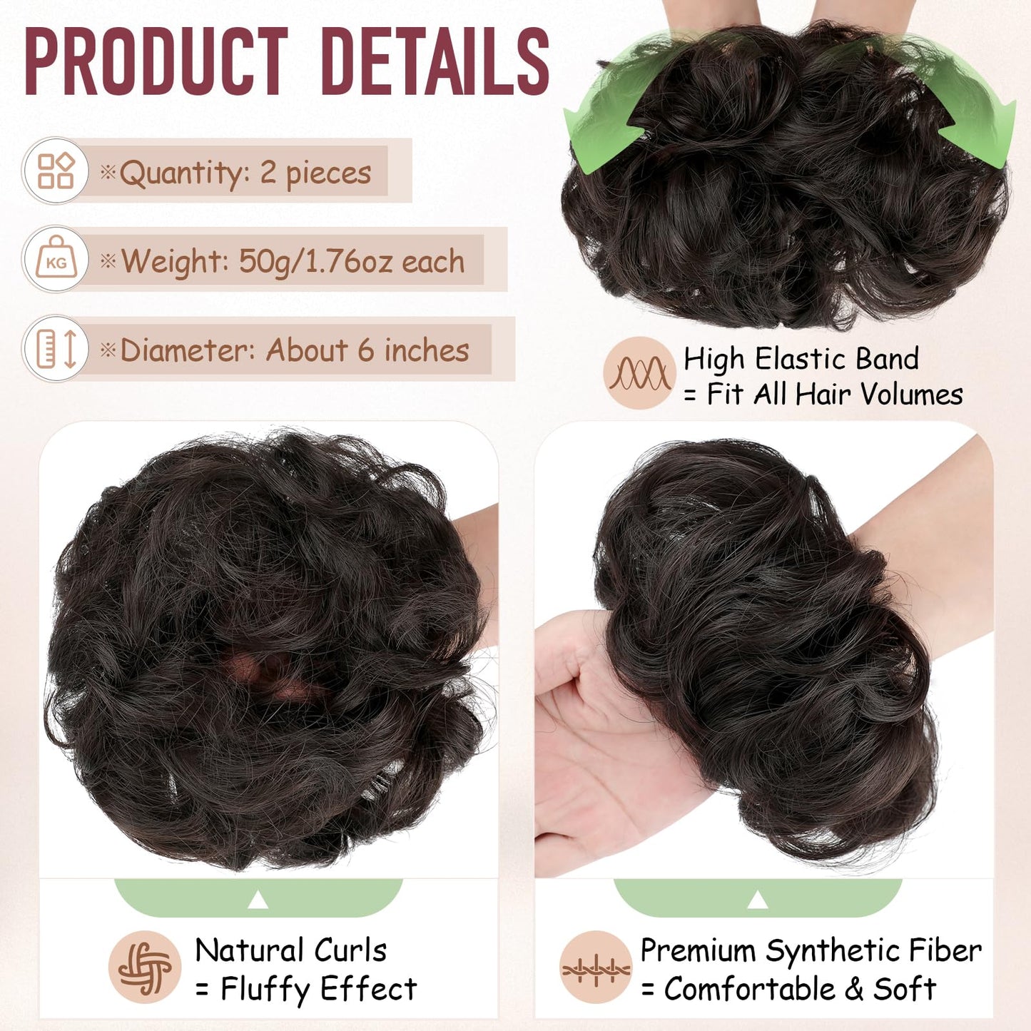 FeidyLong 2 PCS Messy Bun Hair Piece Wavy Curly Scrunchies Synthetic Chignon Ponytail Hair Extensions Thick Updo Hairpieces for Women Girls(Black Brown)