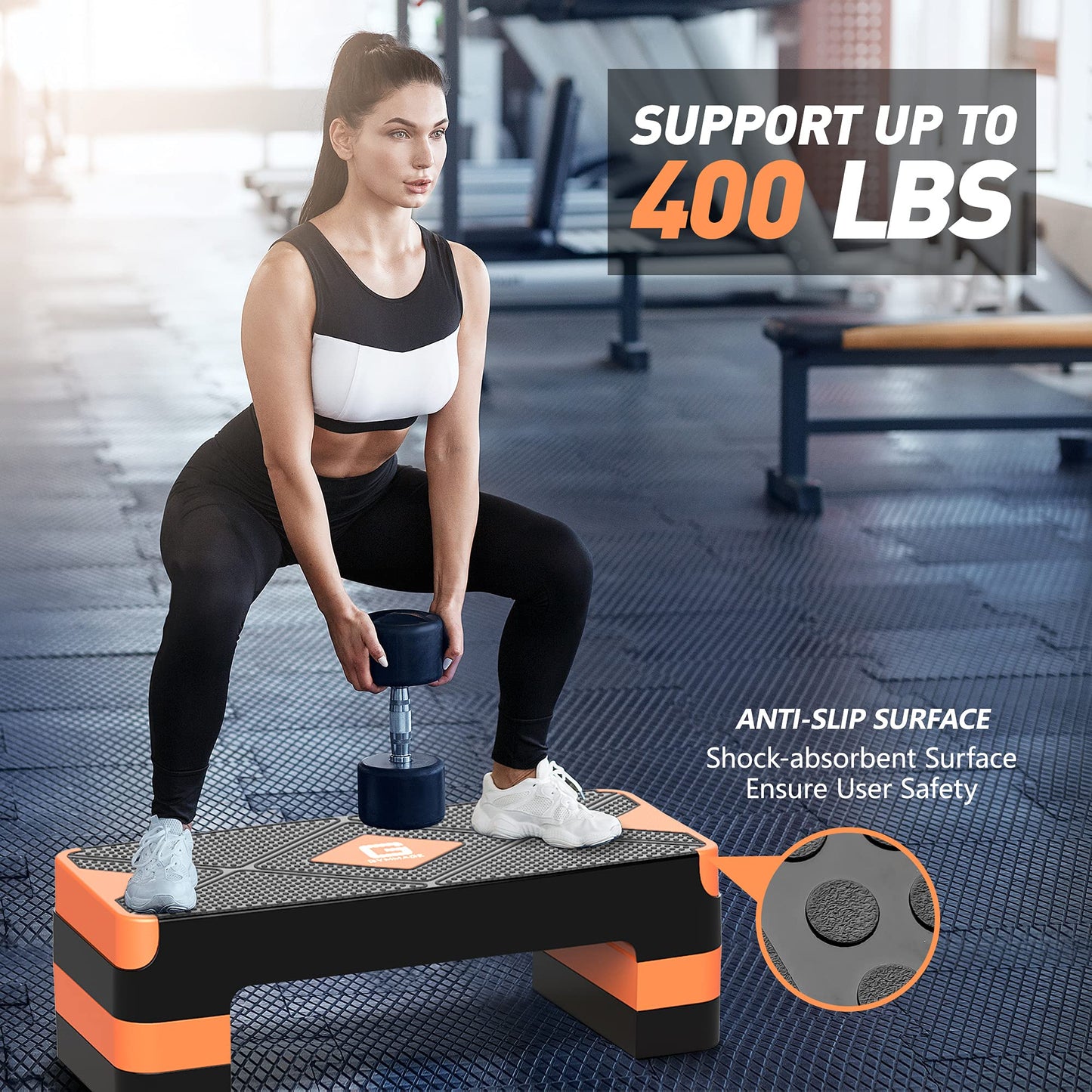 GYMMAGE Aerobic Exercise Step, Adjustable Aerobic Stepper for Exercise, Workout Step Platform for Step Up, 26.5" Step Deck with 4” 6” 8” Adjustable Height Risers, Women Home Gym Cardio Fitness