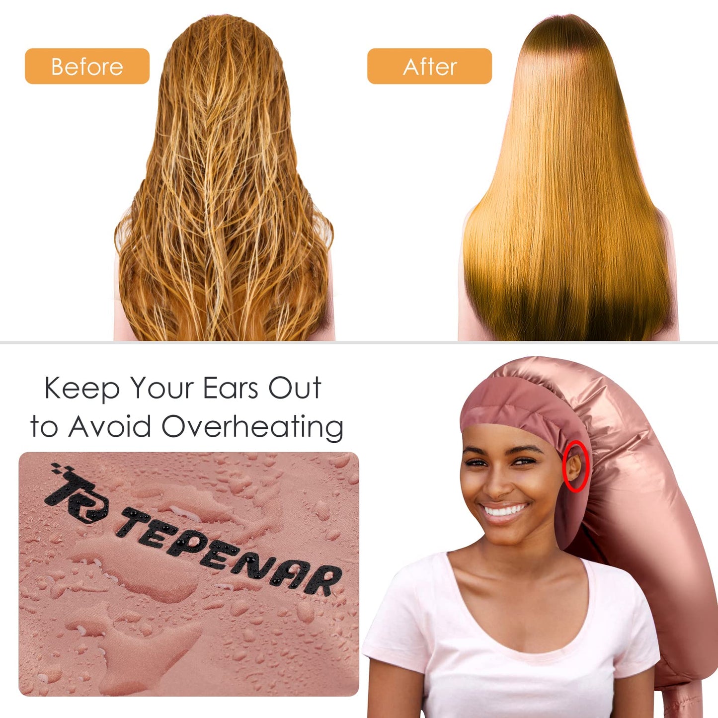 TEPENAR Bonnet Hair Dryer Attachment: Upgraded Extra Large Adjustable Hair Dryer Cap - Easy to Use for Natural Curly Textured Hair Care Styling Fast Drying - Rose Gold