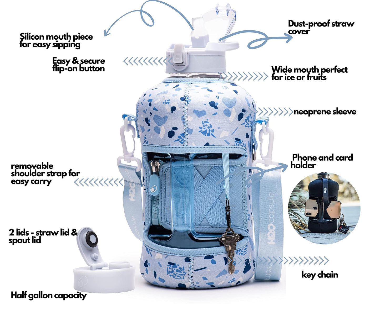 H2O Capsule 2.2L Half Gallon Water Bottle with Storage Sleeve and straw lid– BPA Free Large Water Bottle/2.2 Liter (74 Ounce) Big Sports Bottle Jug with Handle (Blue Pebbles)